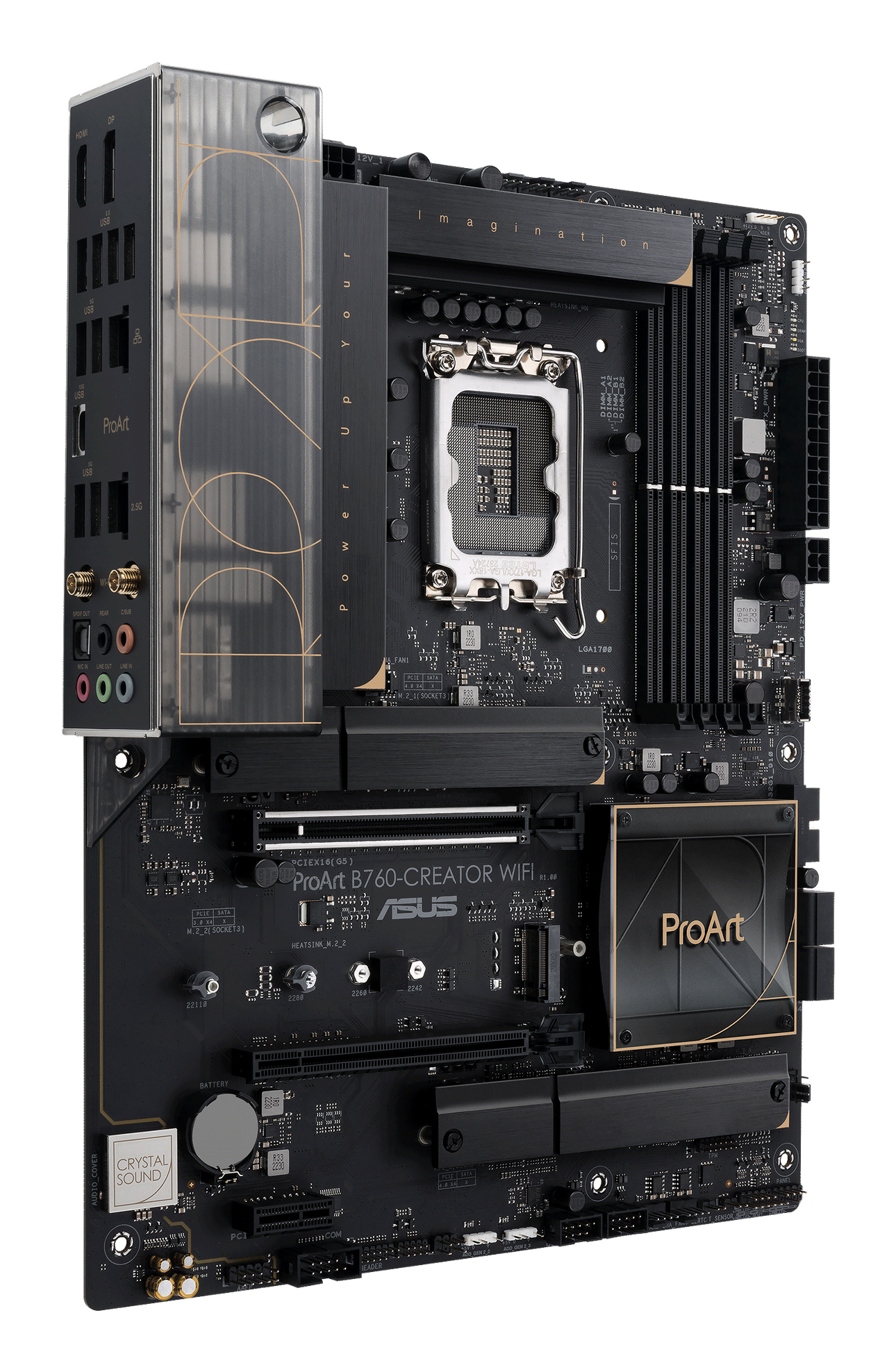 Scheda madre ProArt B760-CREATOR WIFI nera. Include porte, connettori e logo ASUS. Accenti oro evidenziano aree chiave.