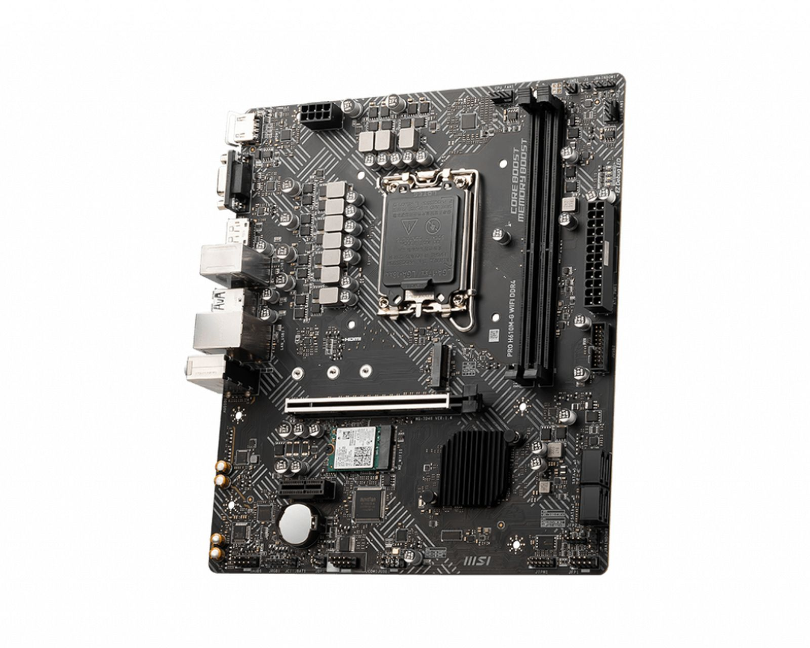 Scheda madre nera MSI PRO H610M-G WIFI DDR4. Ha numerosi componenti, porte e slot. Lo sfondo è bianco.