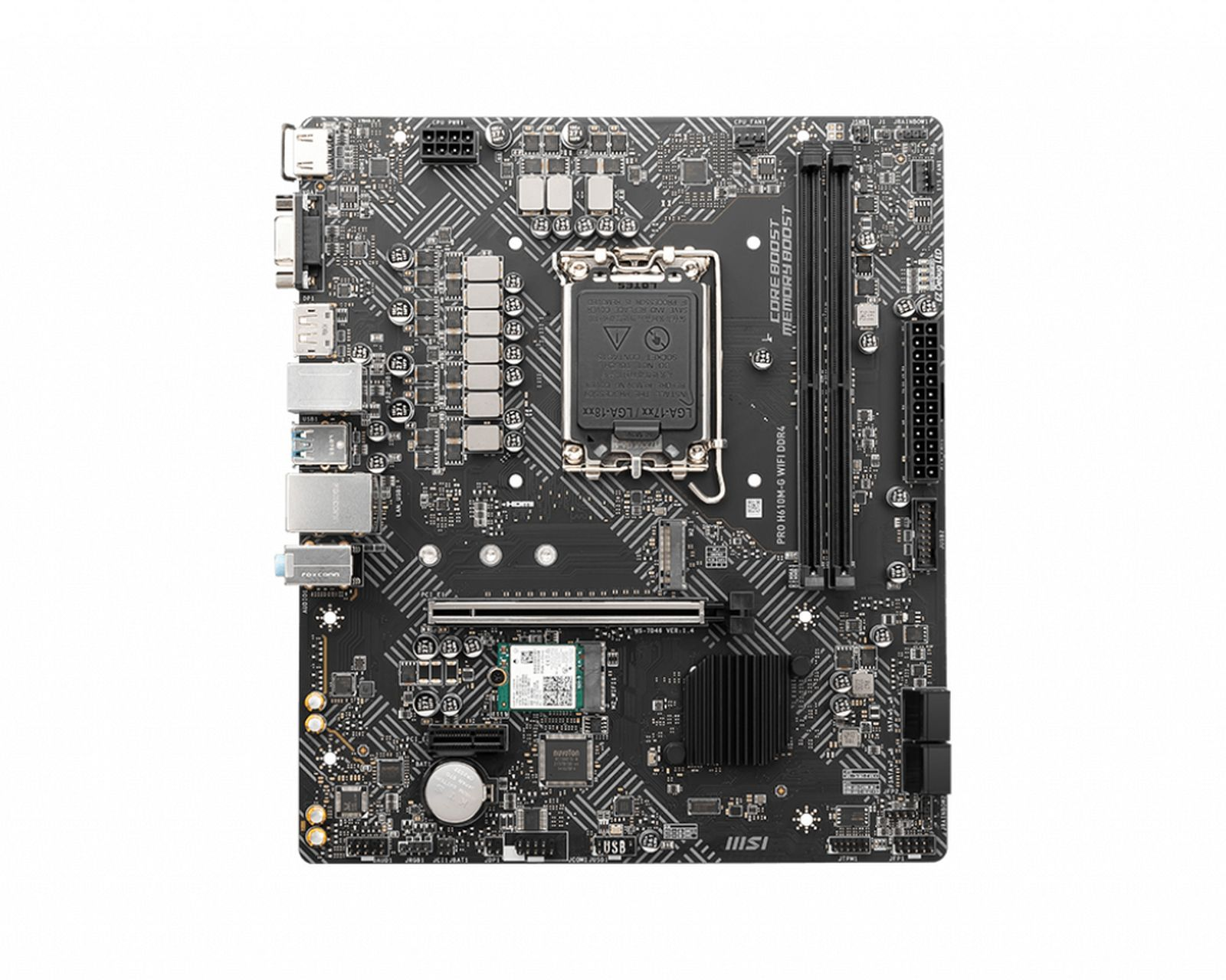 Scheda madre nera MSI PRO H610M-G WIFI DDR4. Dispone di vari connettori, chip e slot su una superficie a motivi.