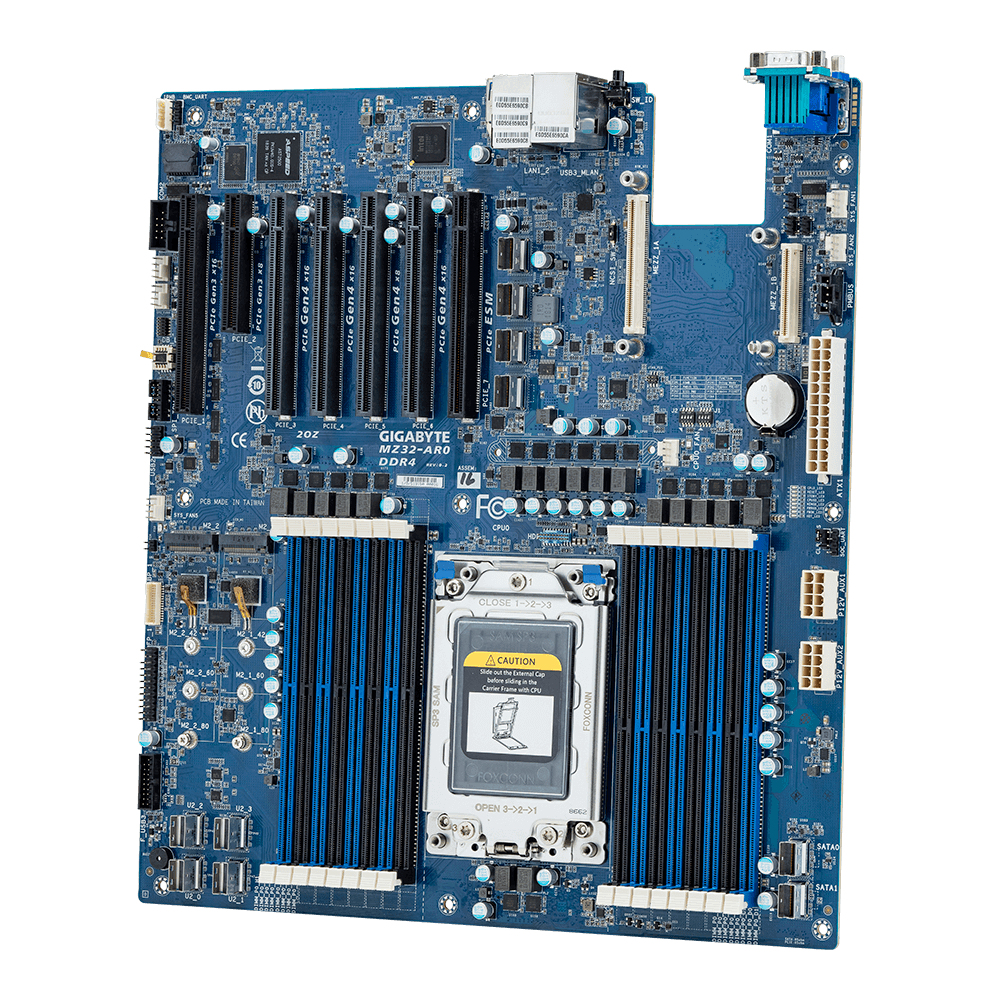Una scheda madre blu con vari componenti, tra cui slot, porte e un socket CPU, su sfondo bianco.