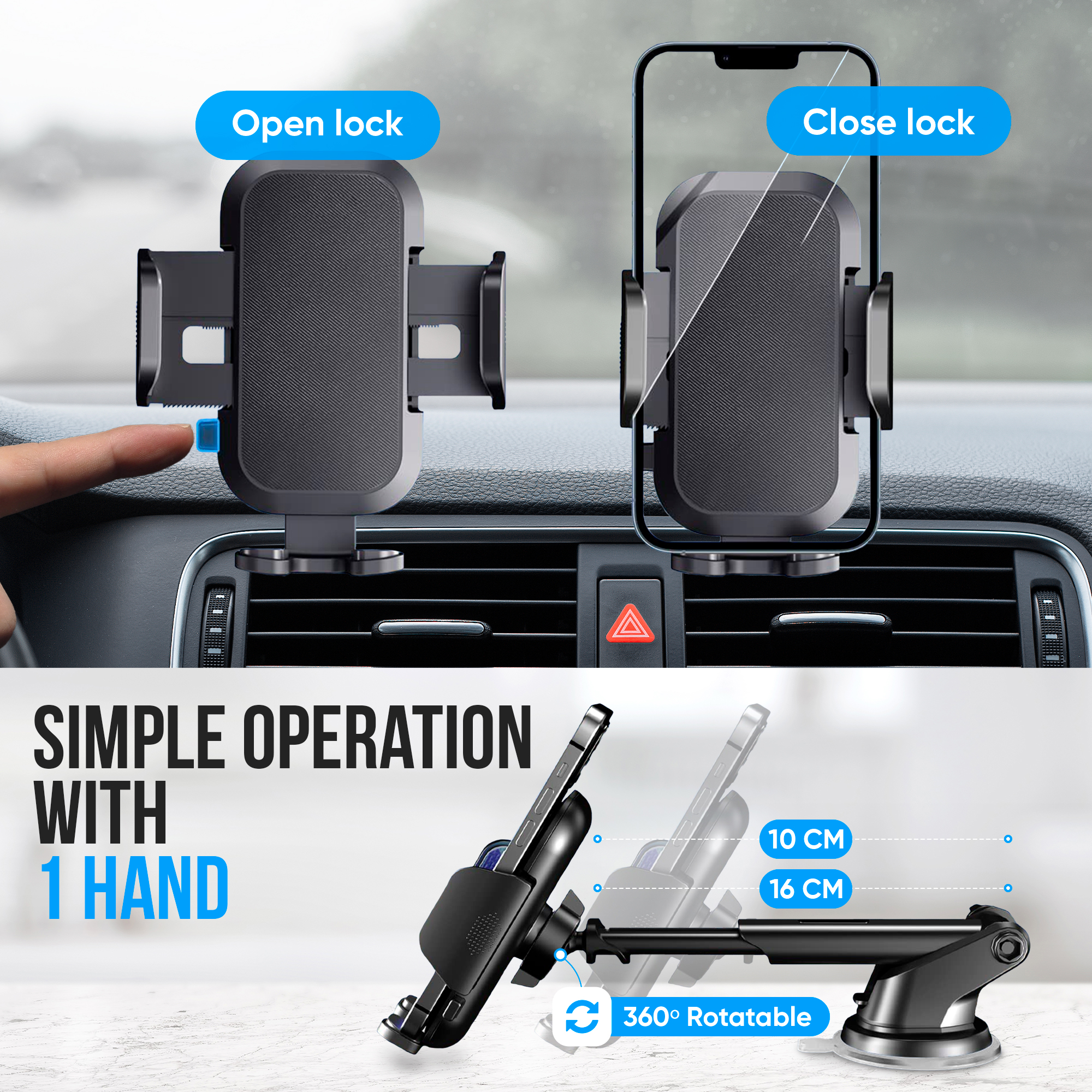 Telefoonhouder voor in de auto met open- en vergrendelfunctie. Het is draaibaar en met één hand te bedienen.