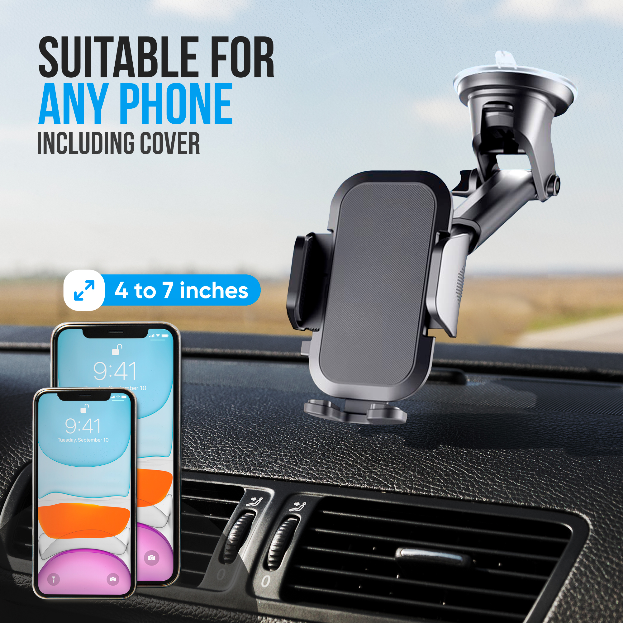Een telefoonhouder voor in de auto met twee telefoons op het dashboard. De tekst zegt 'GESCHIKT VOOR ELKE TELEFOON'. De houder is zwart.