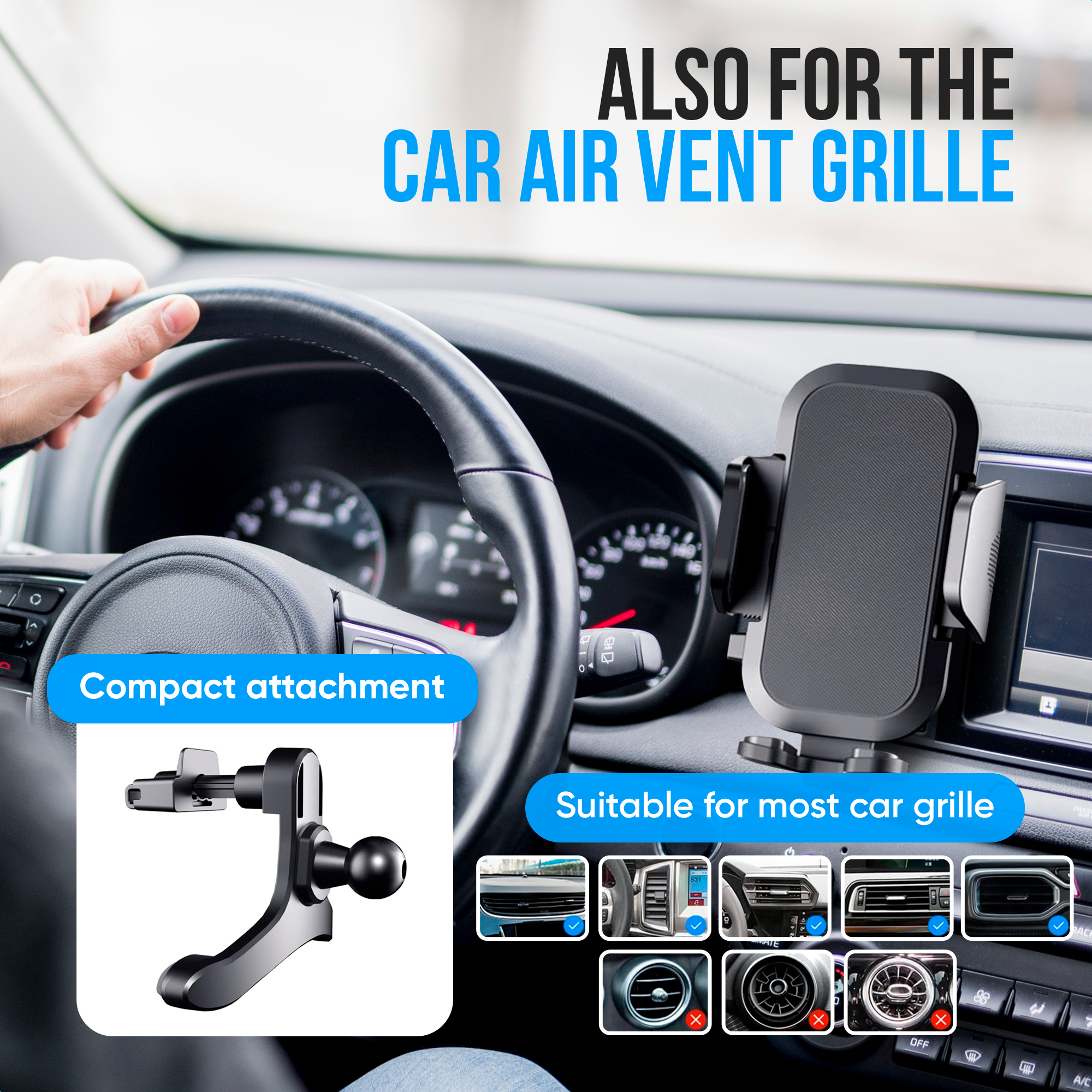 Auto-interieur met telefoonhouder bevestigd aan de ventilatieopening. Tekst benadrukt compatibiliteit.