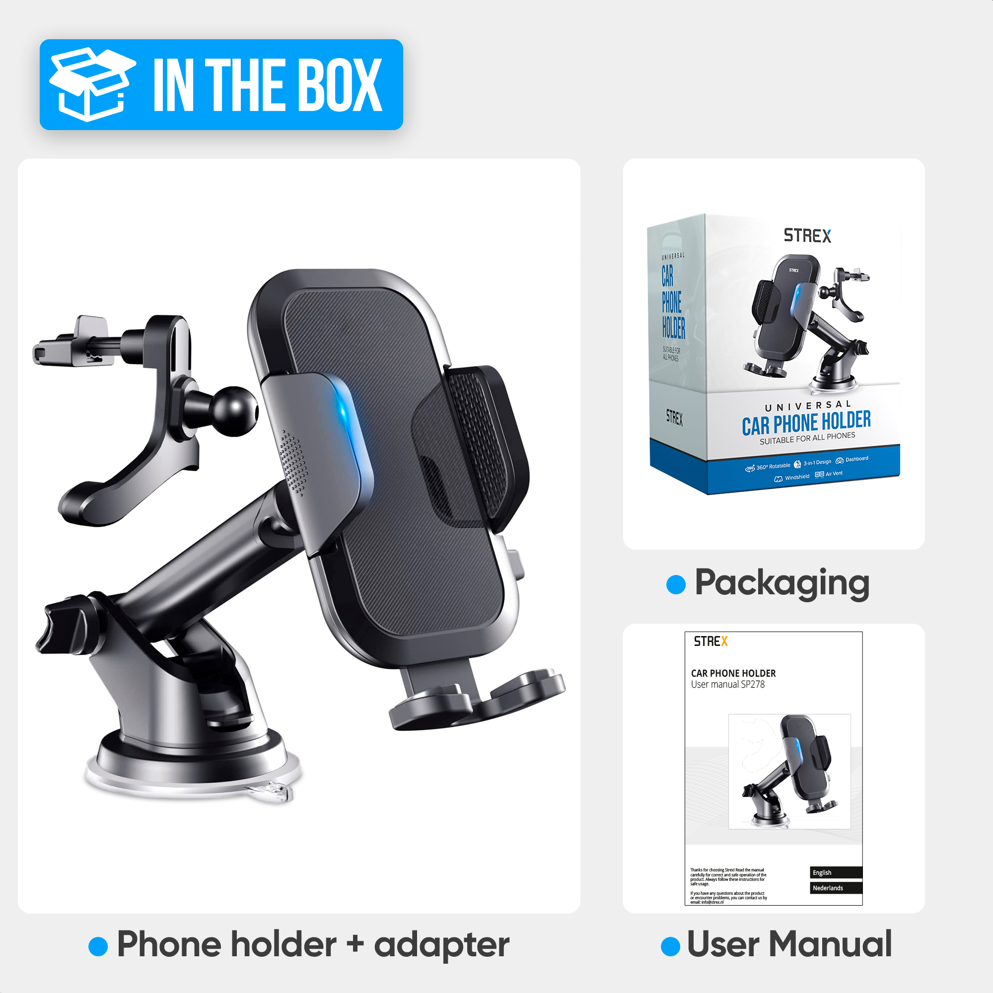 Een autotelefoonhouder en adapter worden getoond, samen met de verpakking en een gebruikershandleiding, allemaal tegen een witte achtergrond.