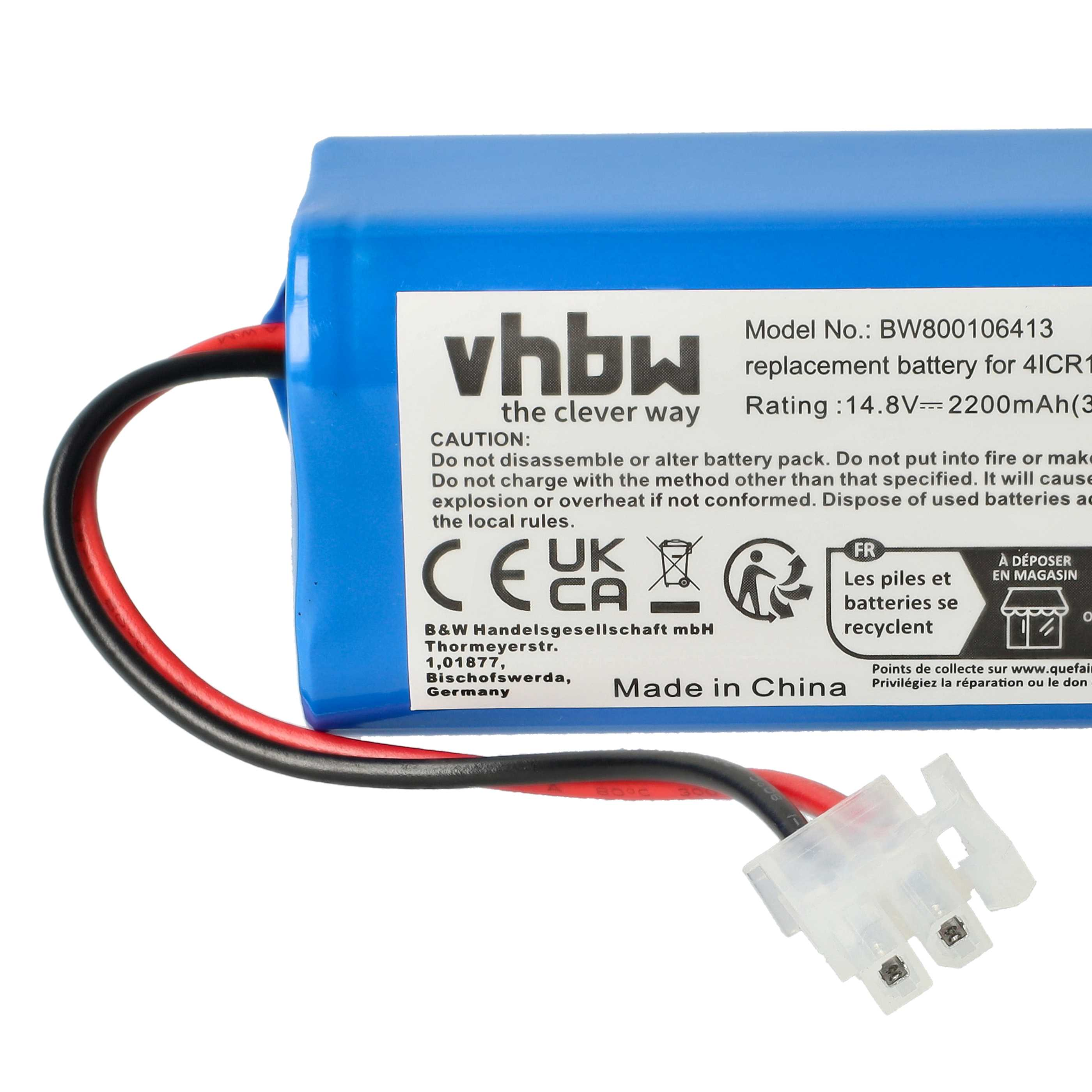 Blaue Batterie mit schwarzen und roten Drähten, weißem Stecker und Produktinformationen.