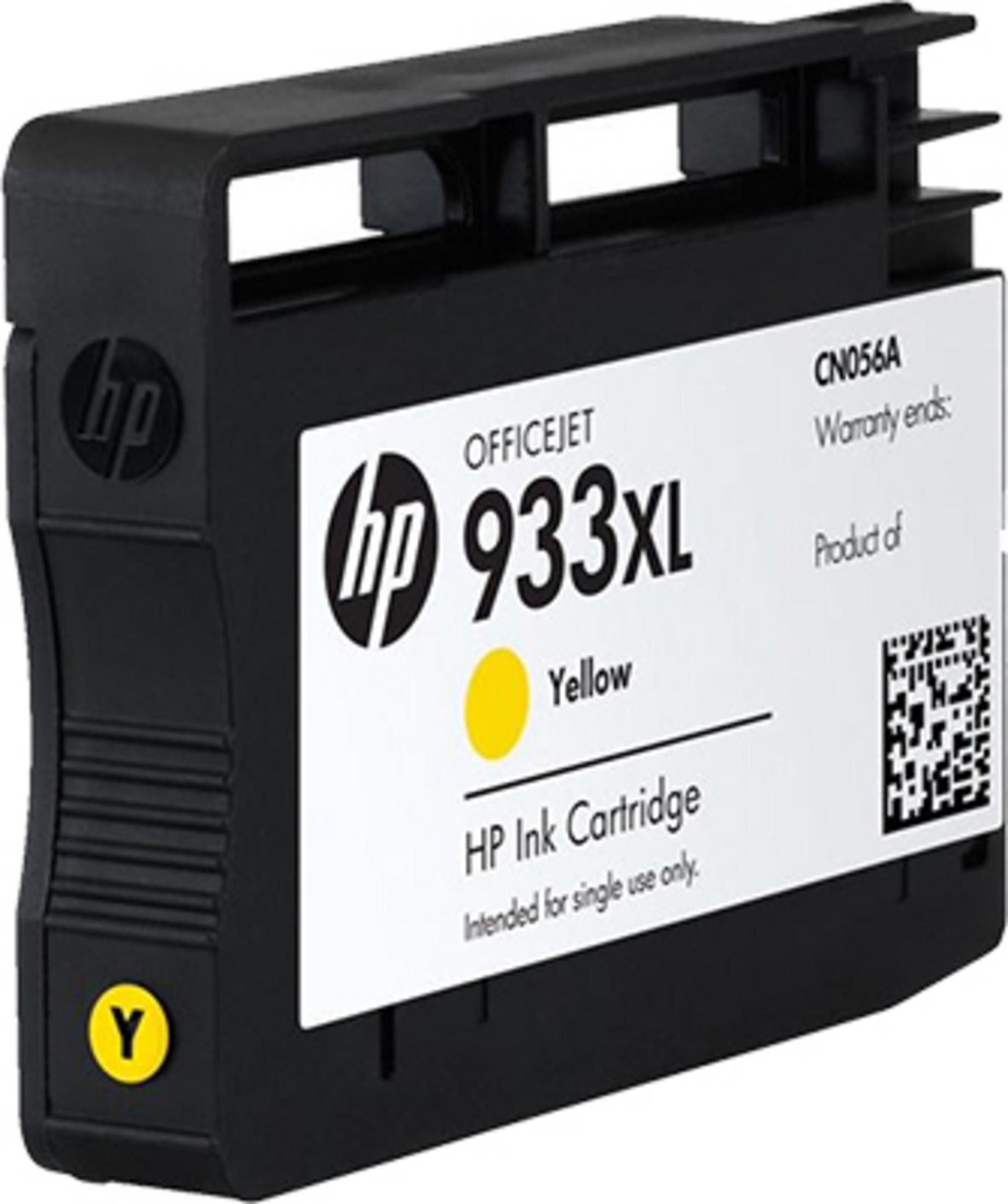 Une cartouche d'encre jaune HP 933XL. La cartouche est noire avec une étiquette blanche indiquant les détails du produit et un 'Y' jaune.