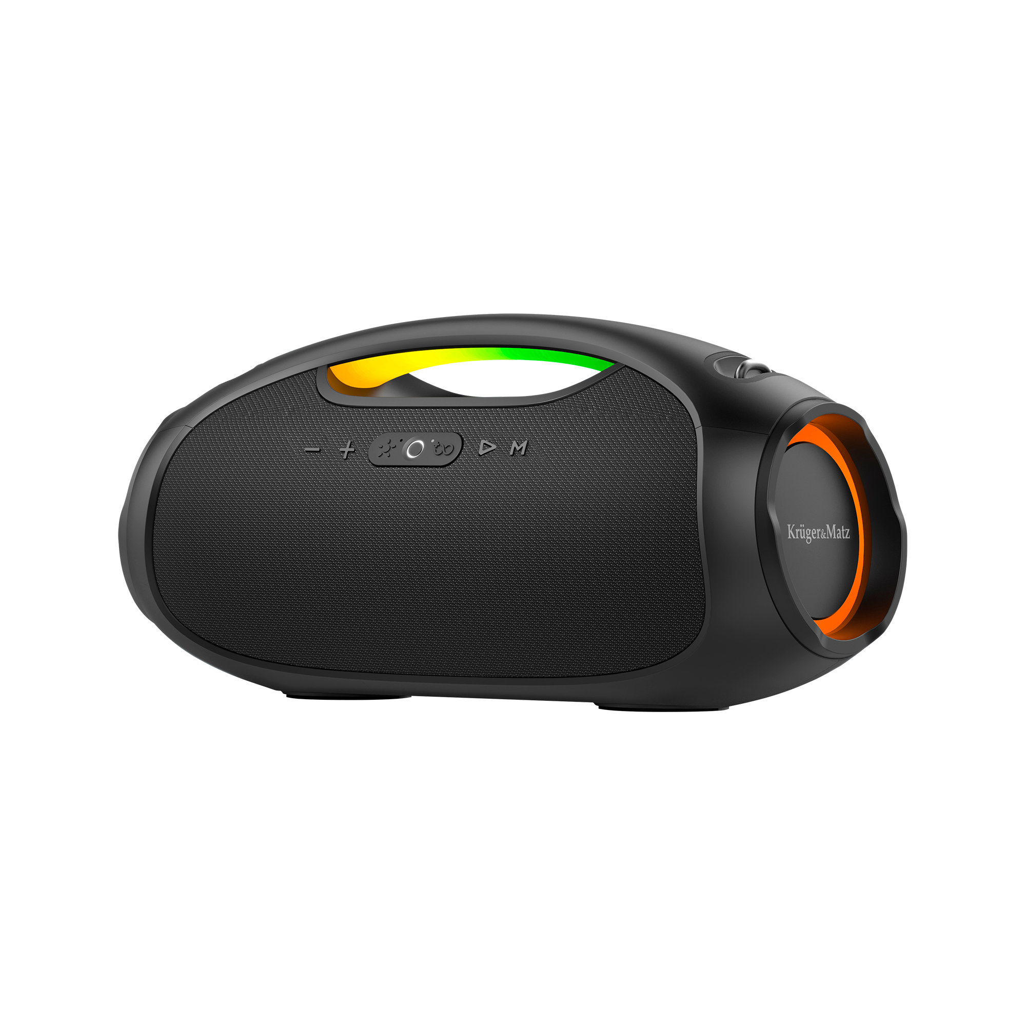 Czarny głośnik z pomarańczowymi i zielonymi akcentami oraz logo Krüger&Matz. Przyciski z przodu.
