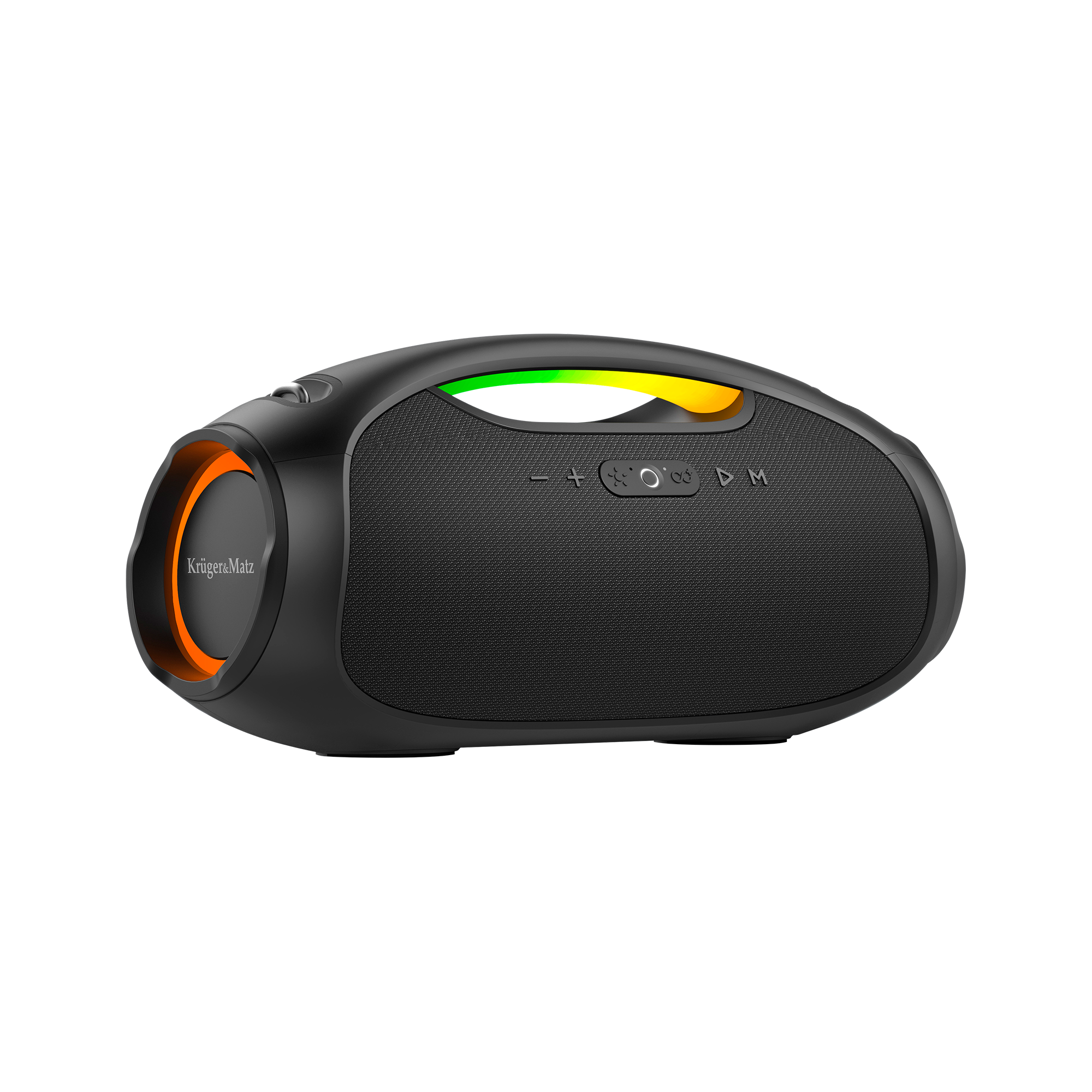 Czarny głośnik z pomarańczowymi i zielonymi światłami. Ma przyciski na górze i logo z boku. Tło jest białe.