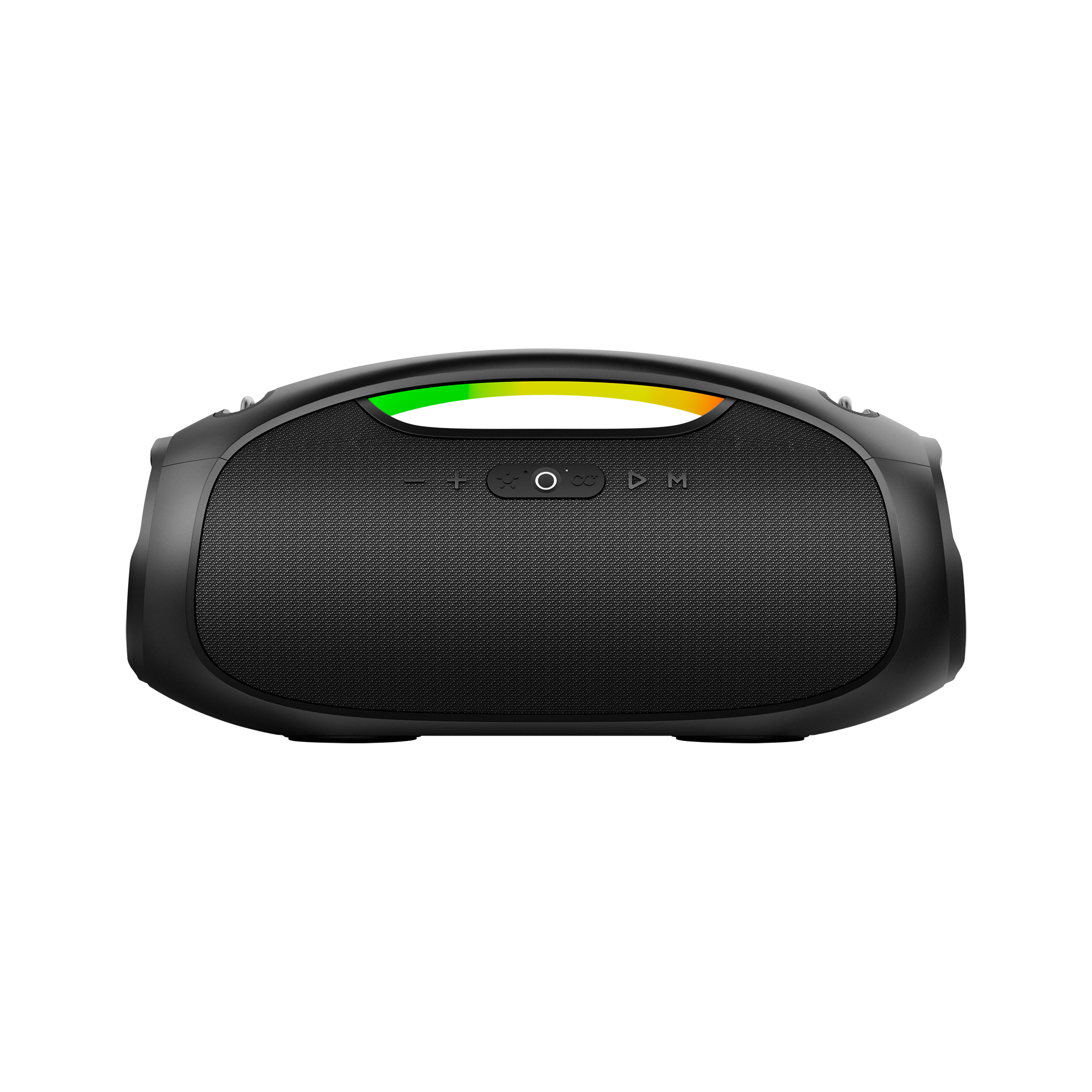 Czarny głośnik przenośny z zielonymi i żółtymi światłami. Ma przyciski i siatkowy przód. Tło jest rozmyte.
