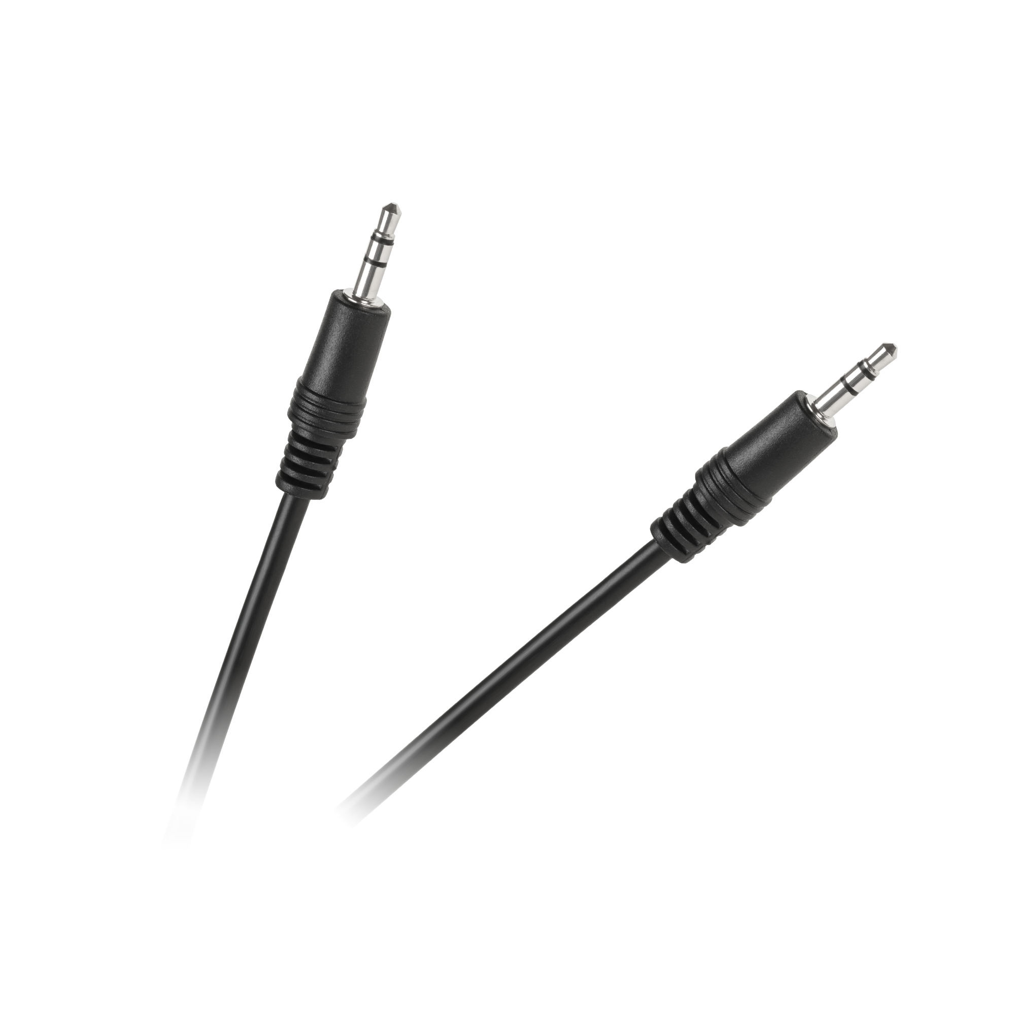 Dwa czarne kable audio jack na jasnoszarym tle. Jeden jest kątowy, drugi prosty. Oba mają metalowe końcówki.