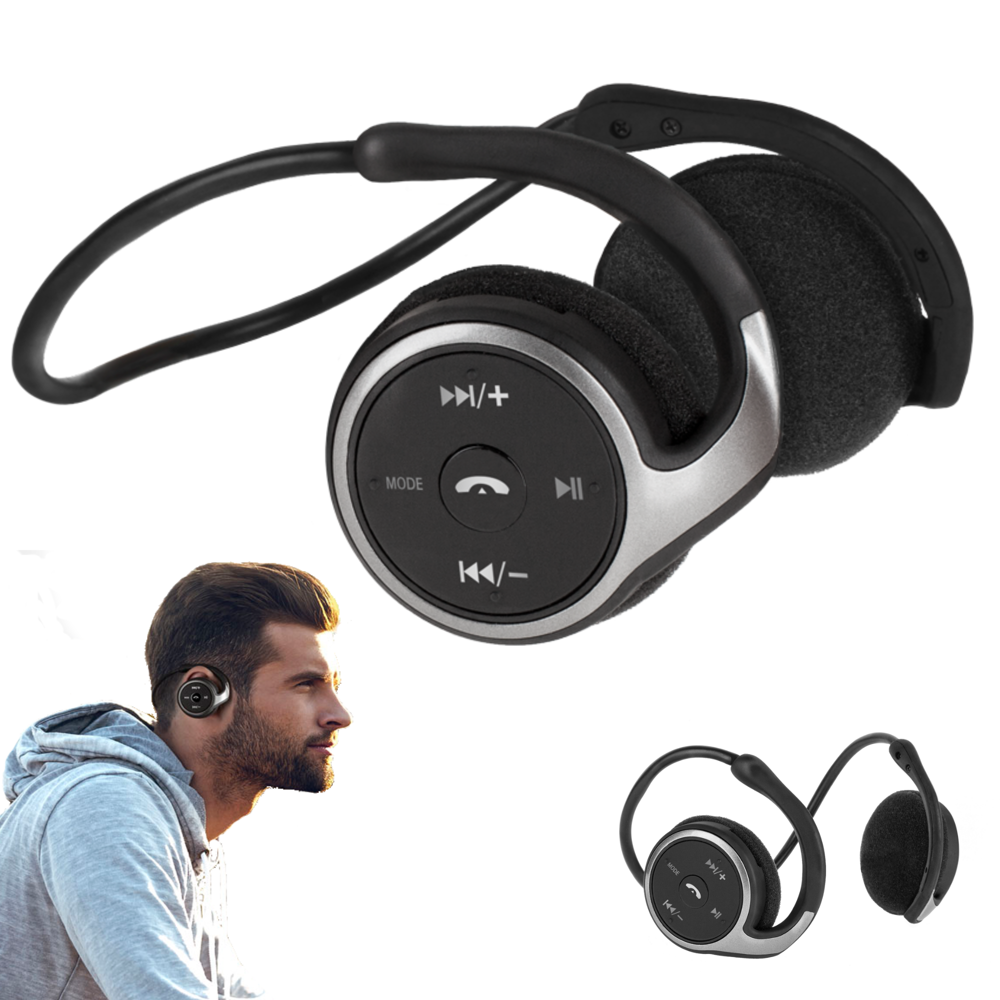 Mężczyzna w słuchawkach. Słuchawki są czarne i srebrne. Po prawej stronie znajduje się mniejszy obraz słuchawek.