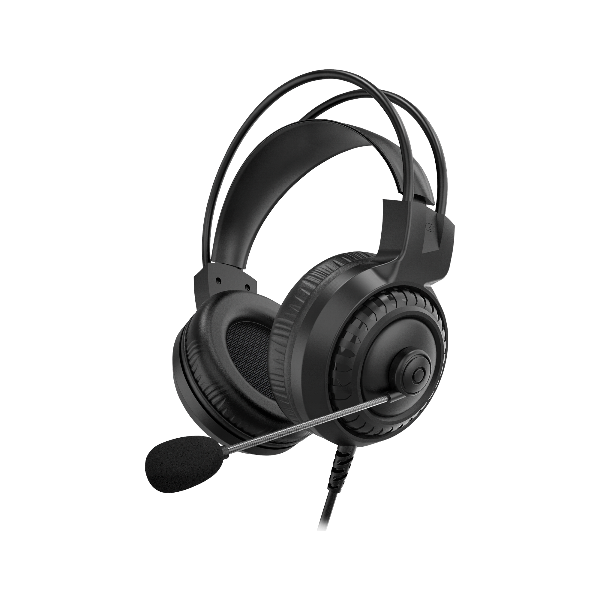 Czarny zestaw słuchawkowy do gier z mikrofonem. Zestaw ma duże nauszniki, opaskę na głowę i elastyczne ramię mikrofonu.