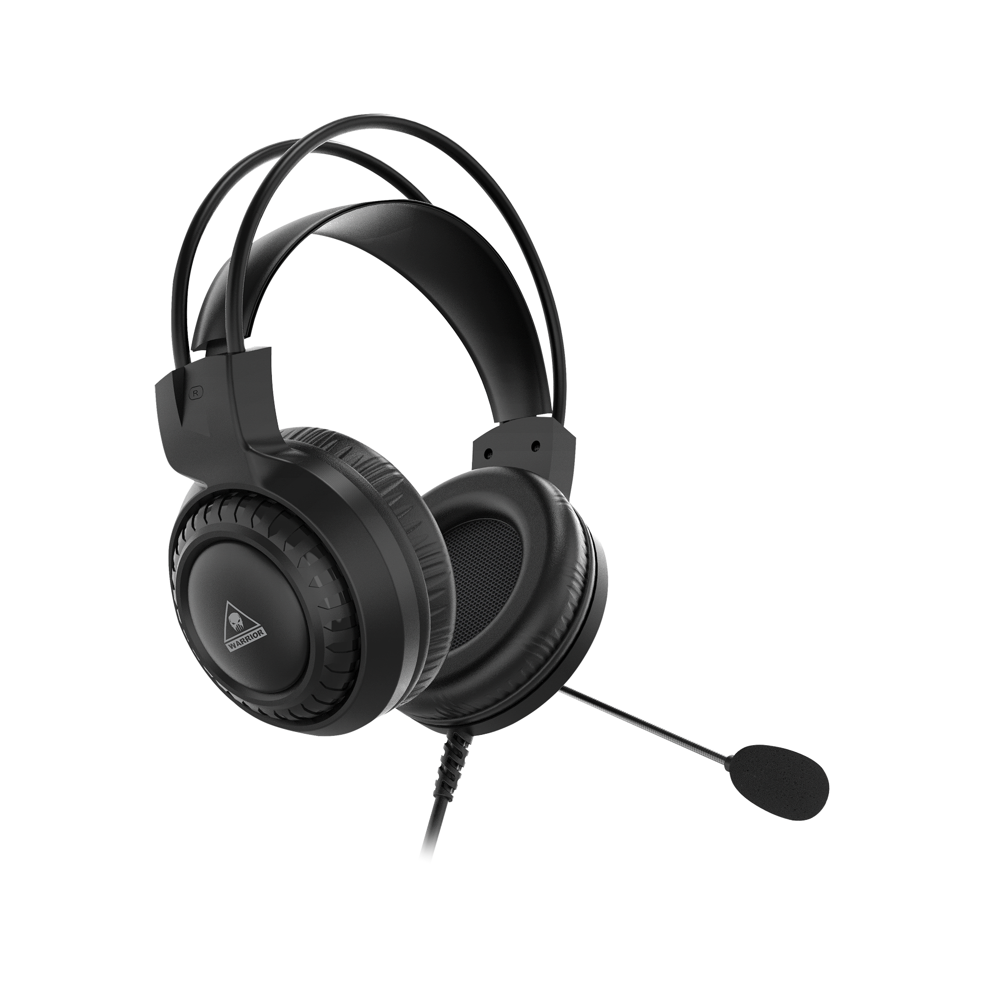 Czarne słuchawki dla graczy z mikrofonem. Mają wyściełany pałąk i nauszniki. Mikrofon wystaje z lewej słuchawki.