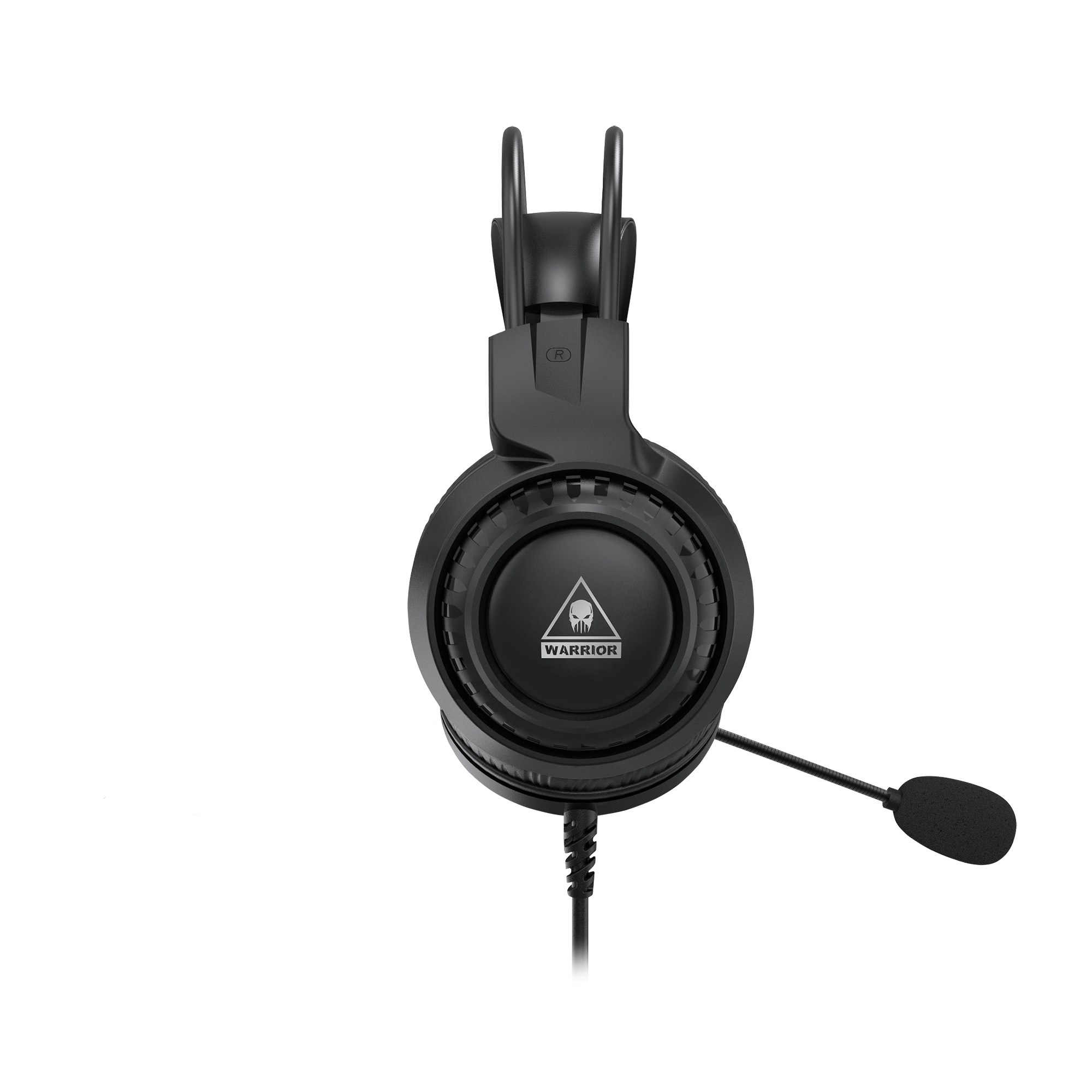 Czarny zestaw słuchawkowy do gier z dołączonym mikrofonem. Zestaw słuchawkowy ma markę "Warrior" i logo czaszki.