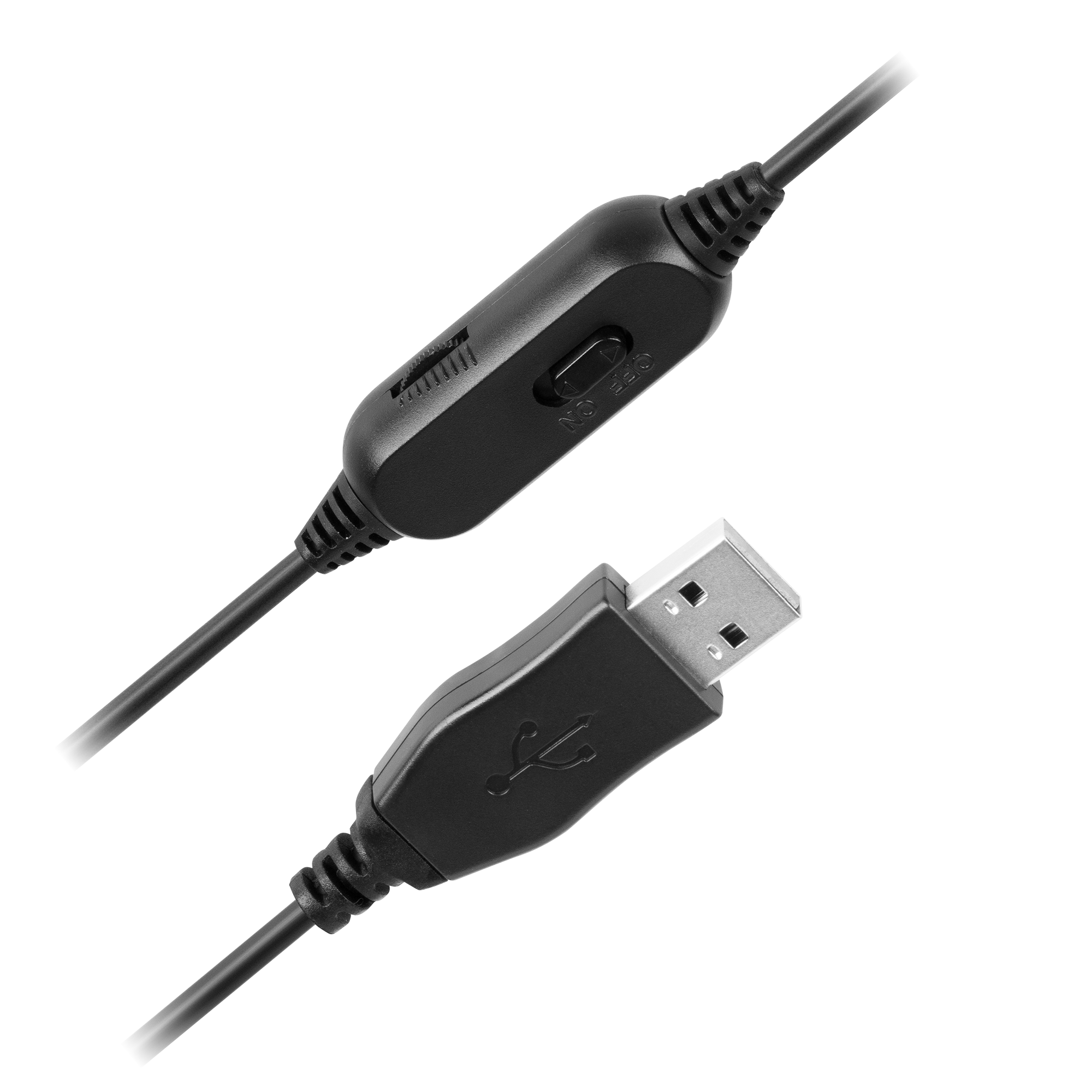 Czarny kabel USB z wbudowanym kontrolerem i złączem USB. Kontroler ma przełącznik włącz/wyłącz. Tło jest szare.