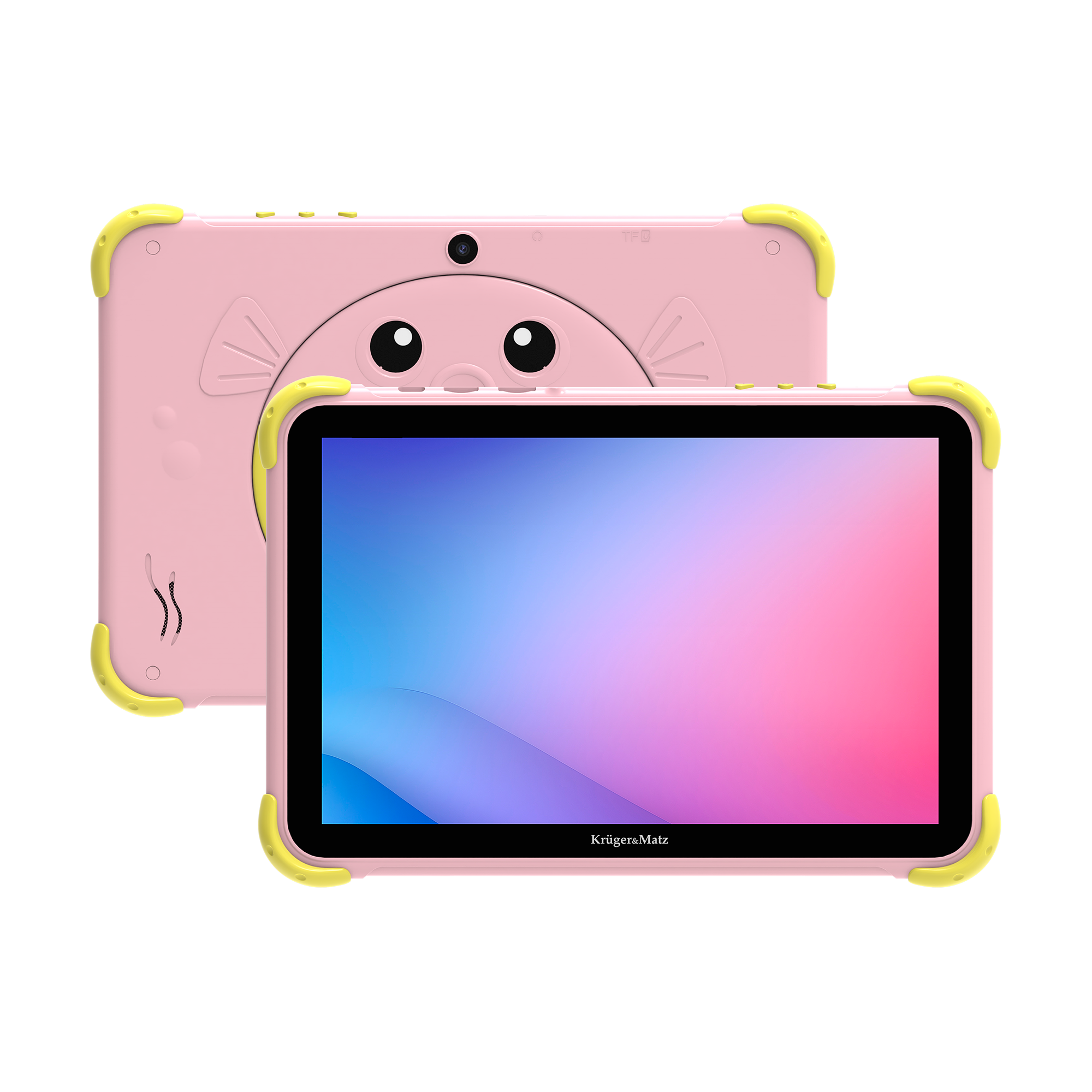 Różowy tablet z kreskówkowym designem, żółtymi osłonami narożników i kolorowym ekranem, z innym tabletem z tyłu.