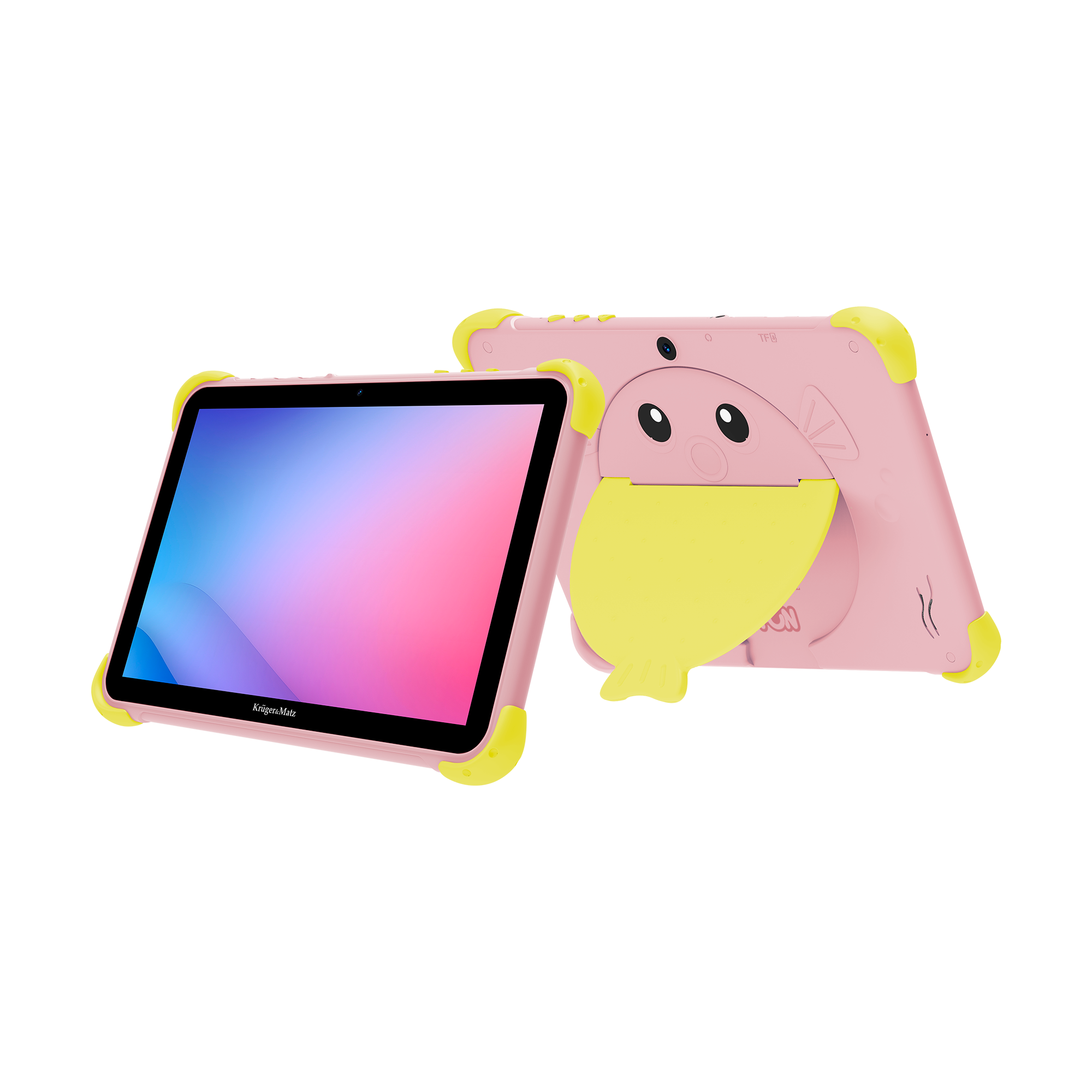 Różowy tablet z żółtymi akcentami i kreskówkowym designem. Wyświetlacz pokazuje gradient różu i błękitu. Drugi tablet w tle.