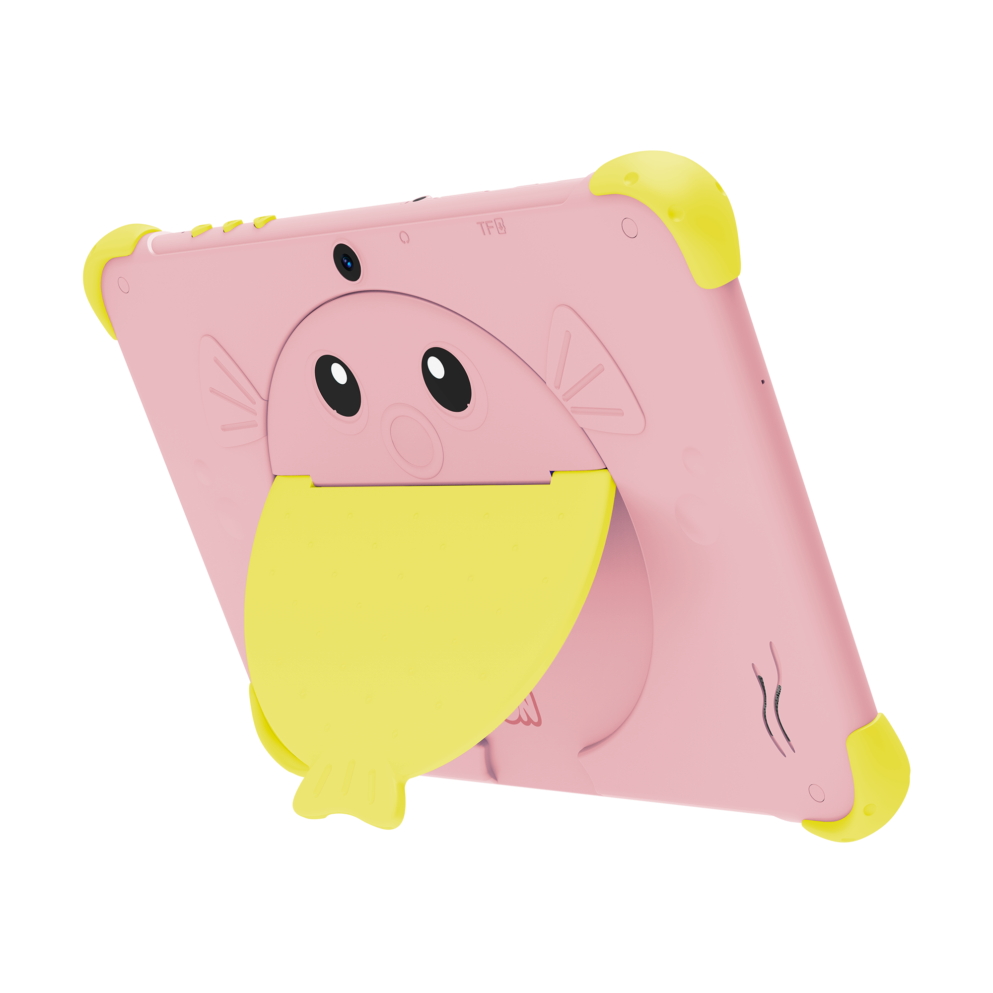 Różowy tablet z żółtymi akcentami, zaprojektowany jako ryba. Posiada kamerę i kreskówkowe detale twarzy.
