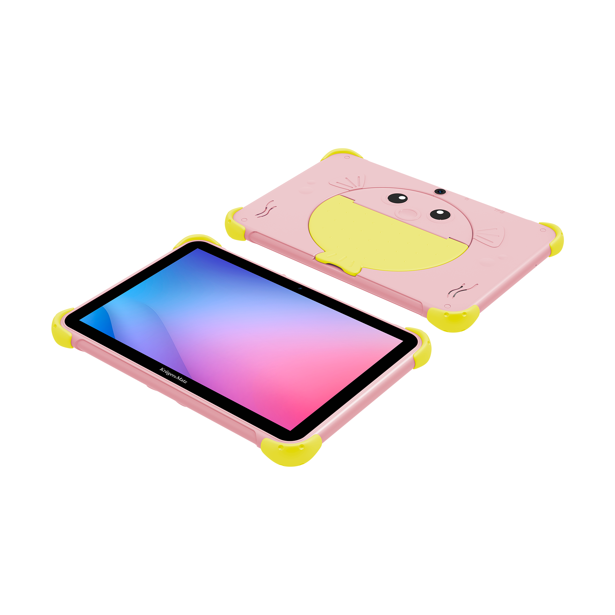 Różowy tablet z żółtymi akcentami i obudową z twarzą z kreskówki. Ekran wyświetla kolorowy gradient.