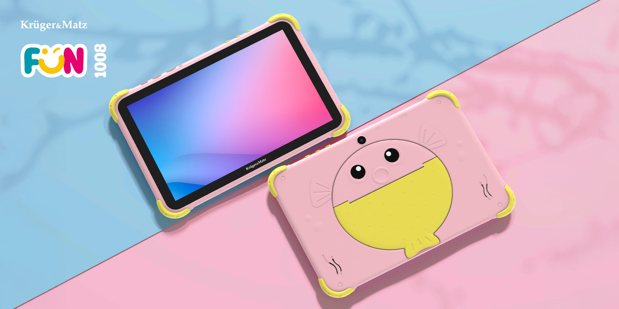 Różowy tablet z różowym etui w kształcie ryby. Tablet ma kolorowy ekran. Żółte akcenty na ramce. Tło jest różowe i niebieskie.