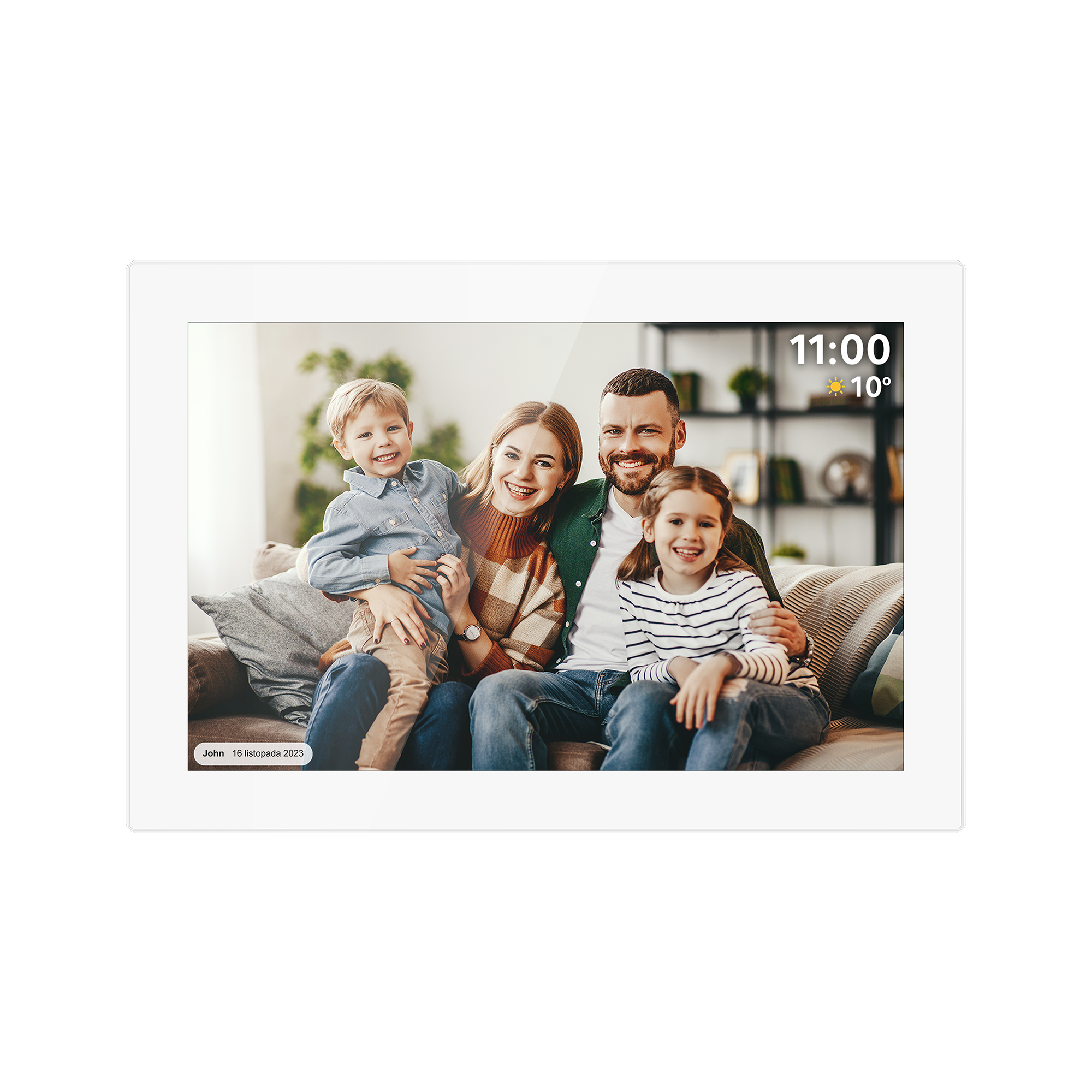 Rodzina czteroosobowa uśmiecha się do aparatu, wyświetlana w cyfrowej ramce, z godziną i temperaturą u góry.