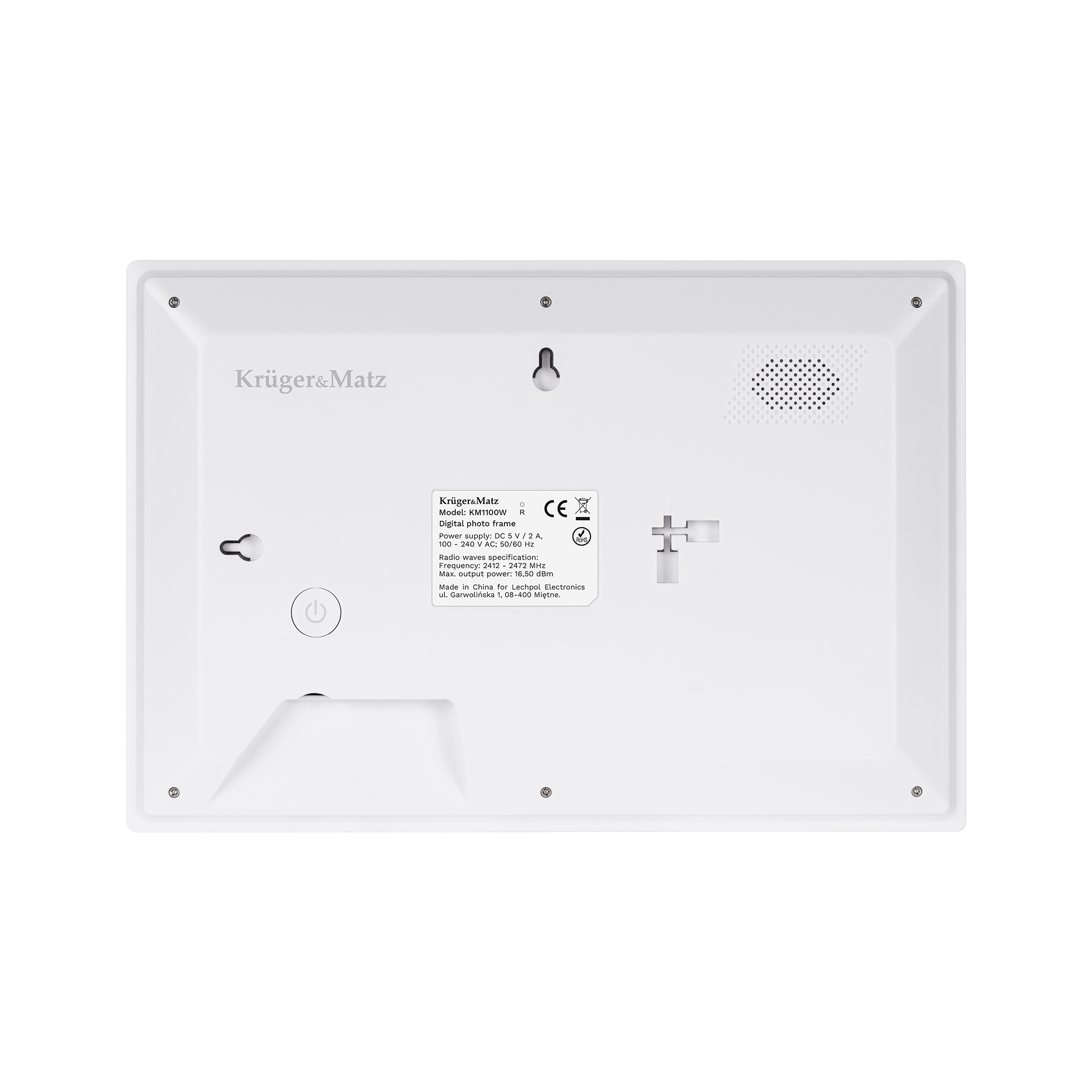 Biała cyfrowa ramka na zdjęcia z logo Krüger&Matz. Posiada przycisk zasilania, głośnik i etykietę specyfikacji.