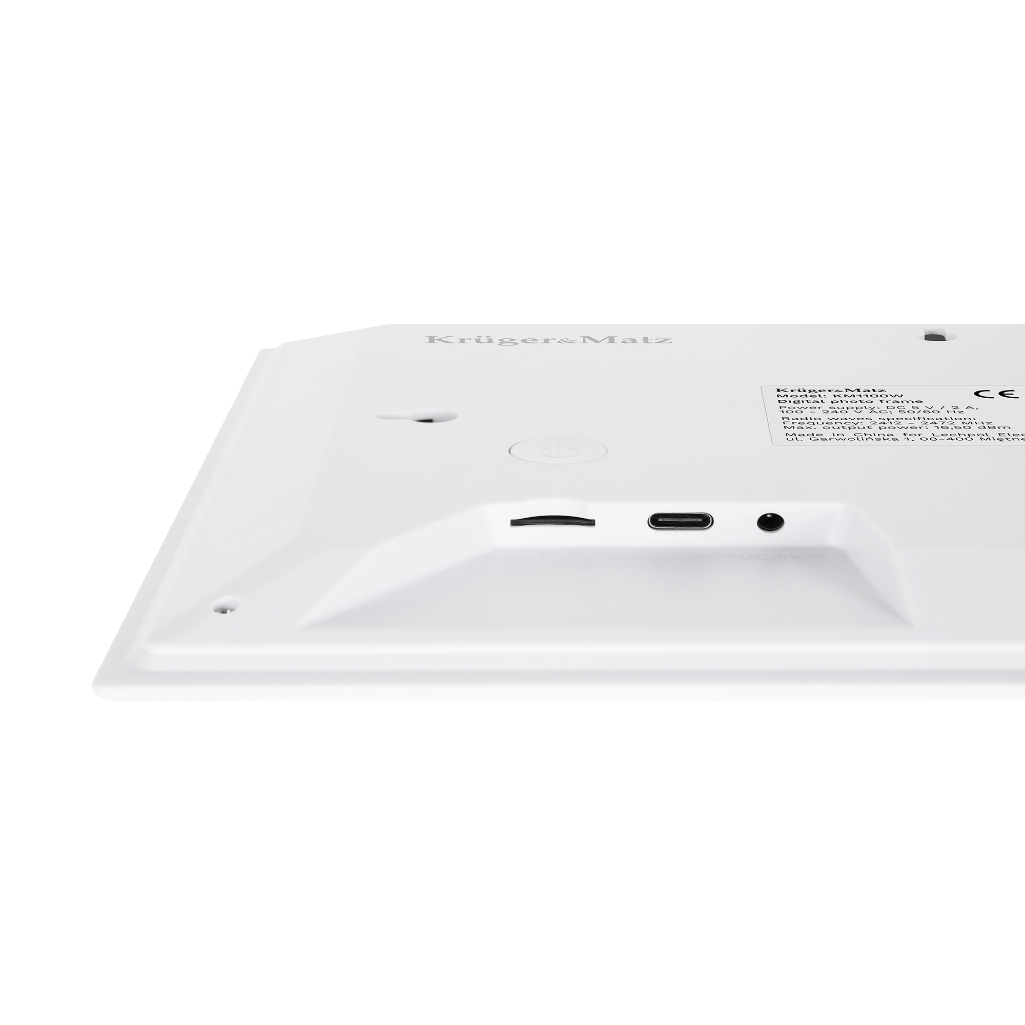 Biała cyfrowa ramka na zdjęcia. Widoczna nazwa marki. Posiada porty i przycisk zasilania.