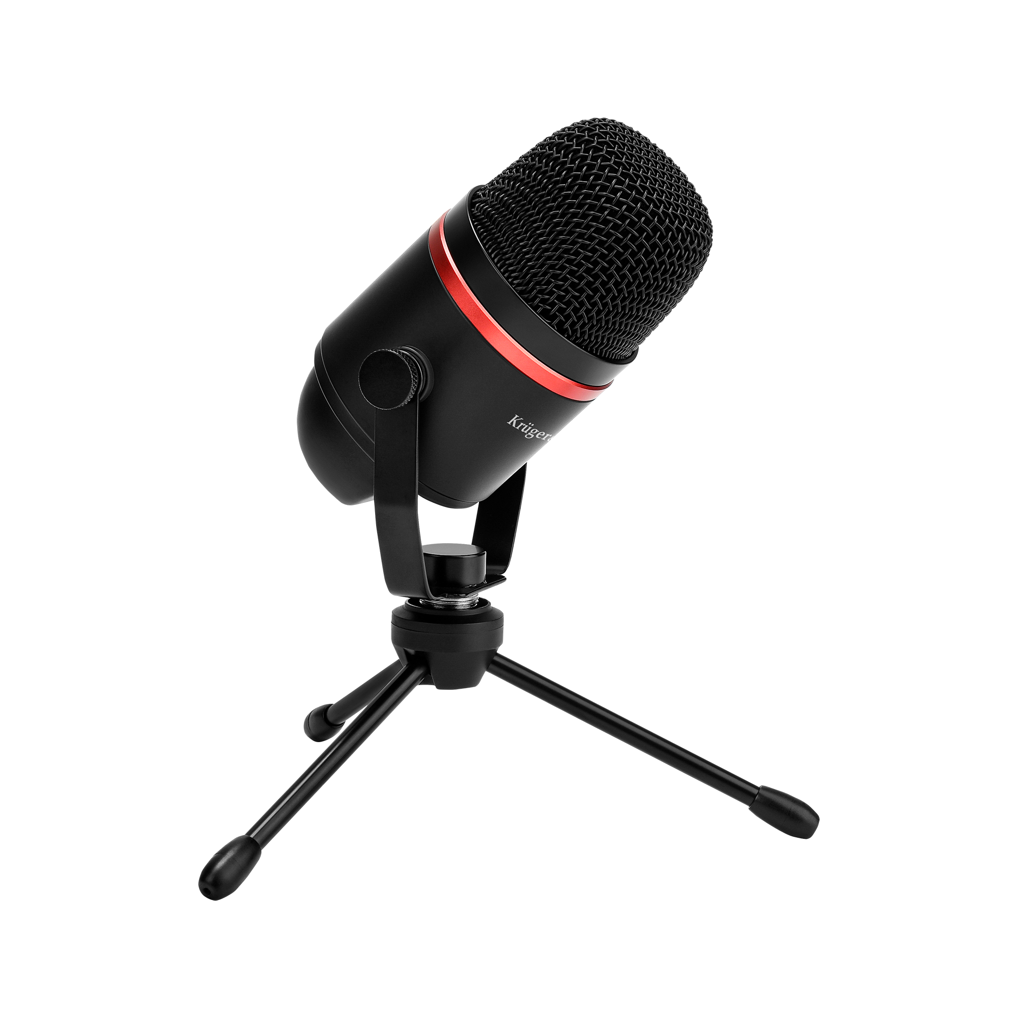 Czarny mikrofon z czerwonym pierścieniem akcentującym stoi na czarnym statywie. Tło ma pionowe szare linie.