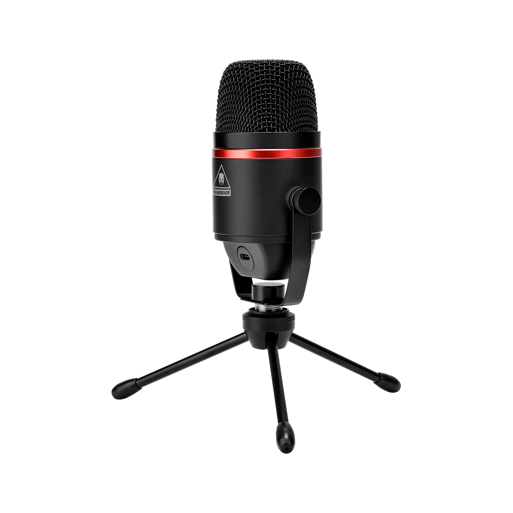 Czarny mikrofon z czerwonym pierścieniem stoi na statywie. Ma siatkową górę i napis WARRIOR.