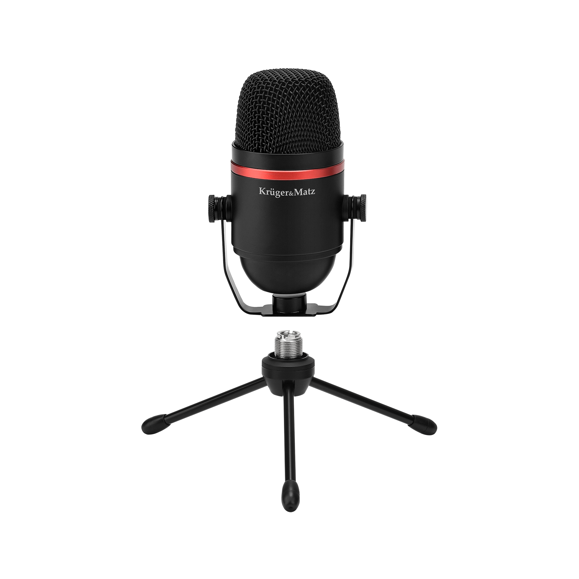 Czarny mikrofon z czerwonym paskiem stoi na czarnym statywie. Mikrofon ma siatkową górę i widoczną nazwę marki.