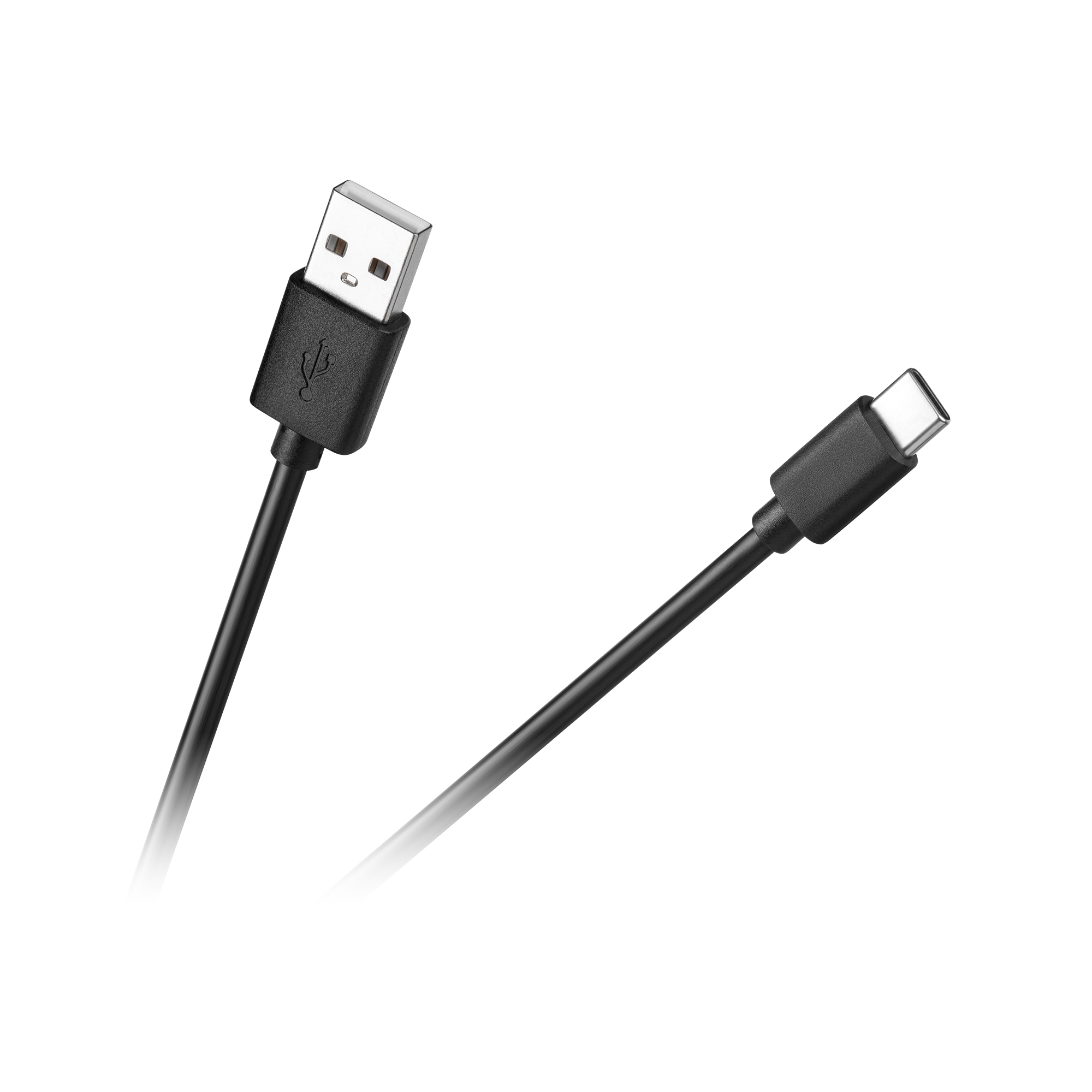 Czarny kabel USB-A do USB-C na białym tle. Końcówka USB-A jest po lewej, USB-C po prawej.