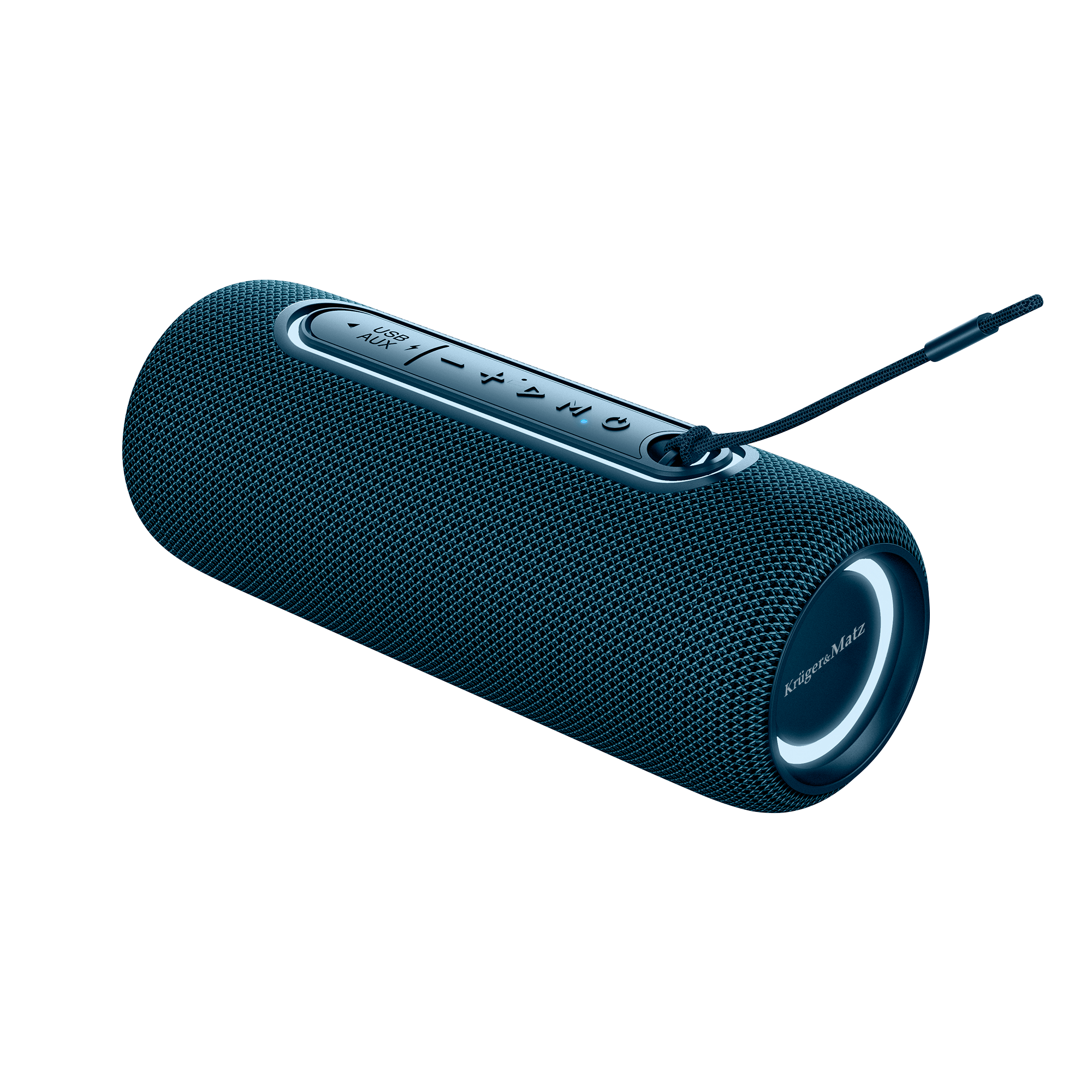 Niebieski głośnik cylindryczny z przyciskami sterowania i fakturą przypominającą tkaninę. Dołączony jest pasek. Widoczna jest nazwa marki.