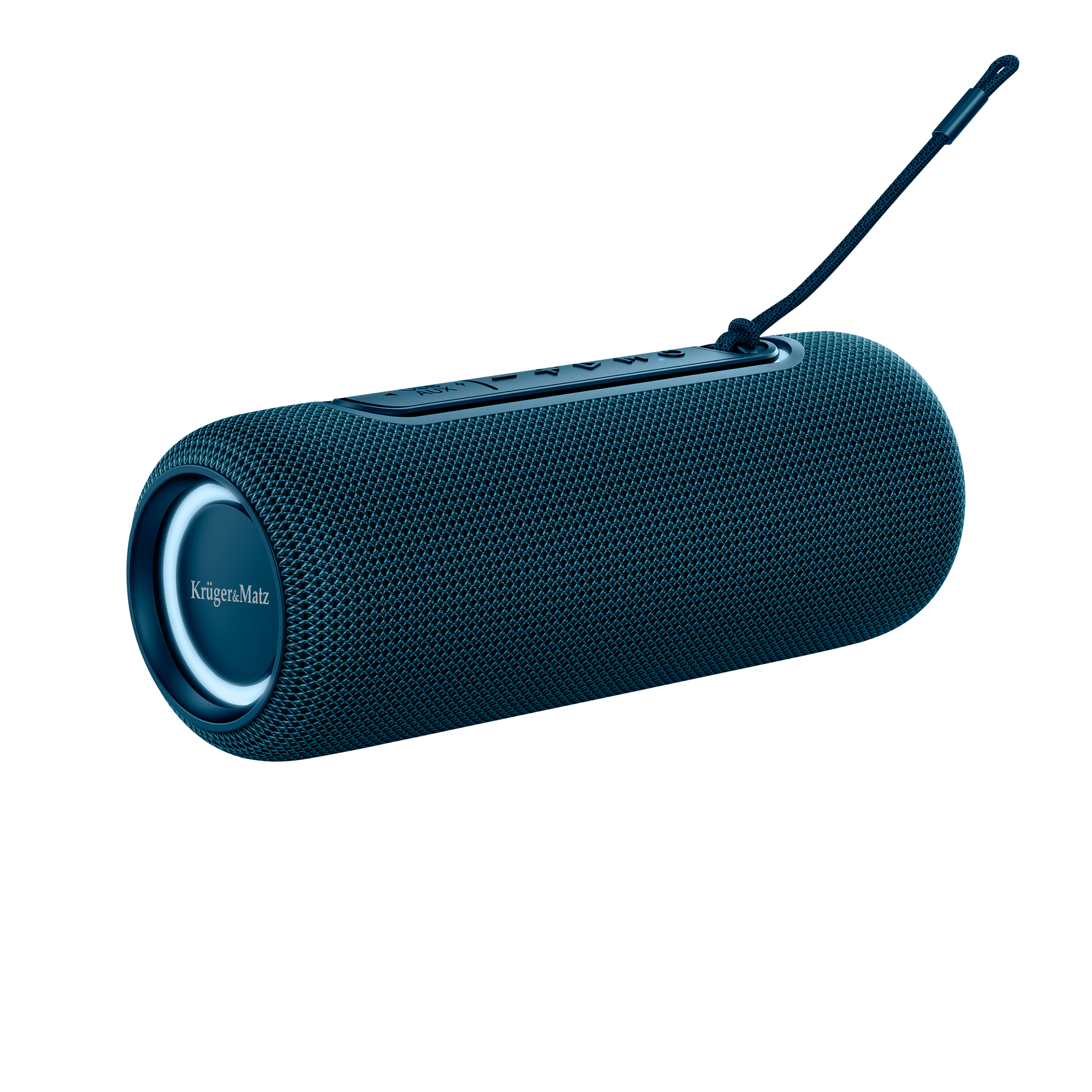 Ciemnoniebieski, cylindryczny głośnik z białym podświetlanym pierścieniem. Ma pasek i przyciski.