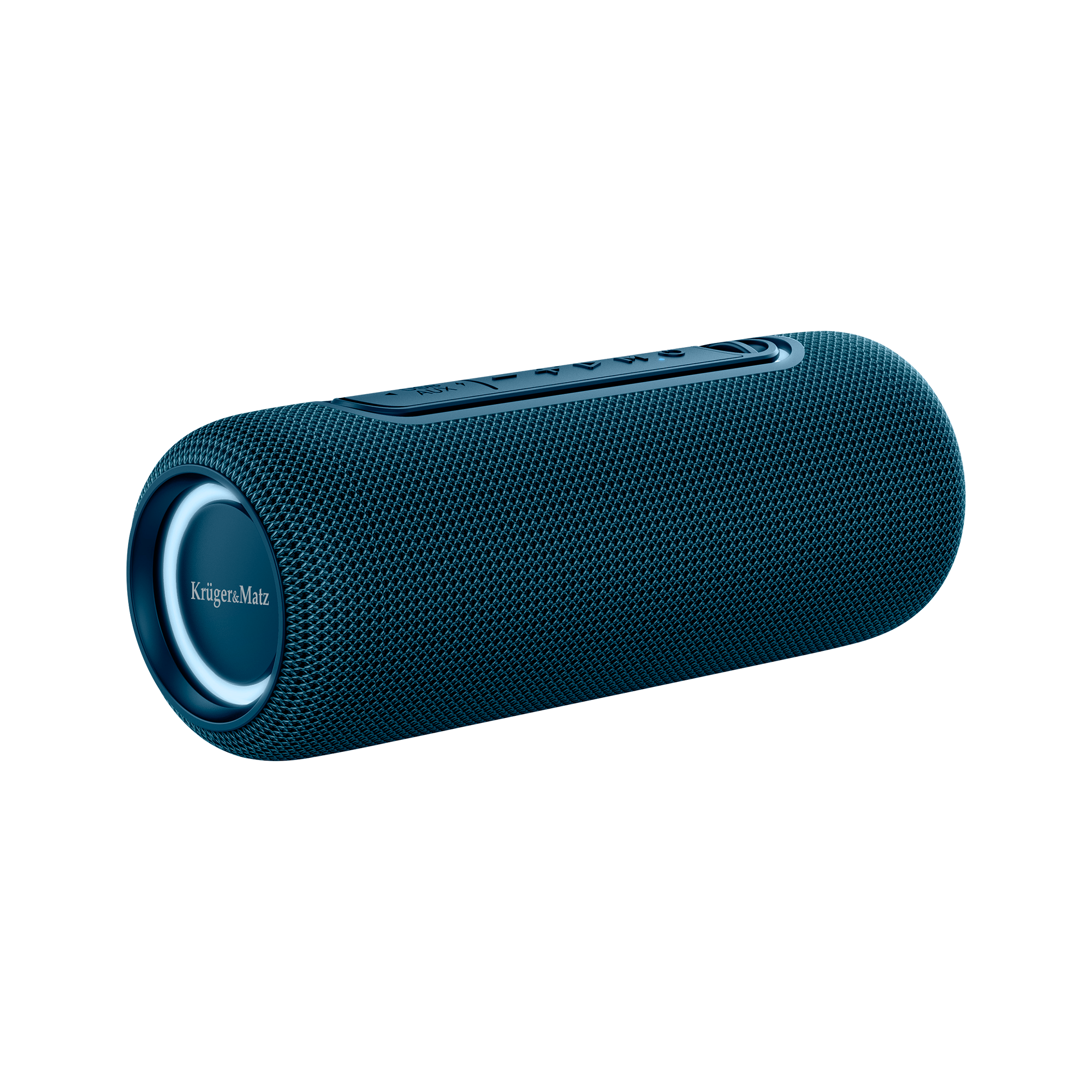 Niebieski głośnik cylindryczny o siatkowej fakturze. Ma przyciski sterowania na górze i świecący pierścień z nazwą marki.