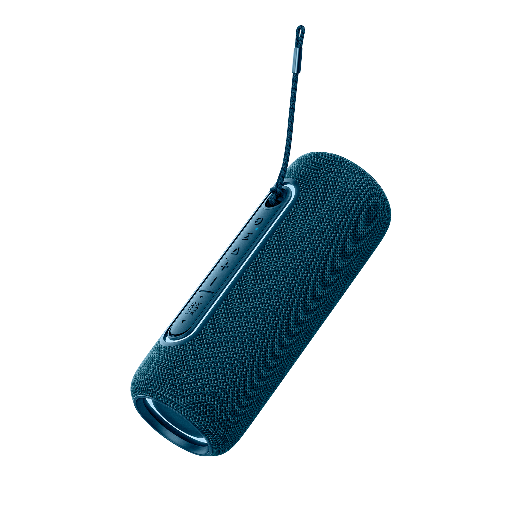 Niebieski głośnik cylindryczny z przyciskami sterowania i paskiem. Tło jest gładko białe.