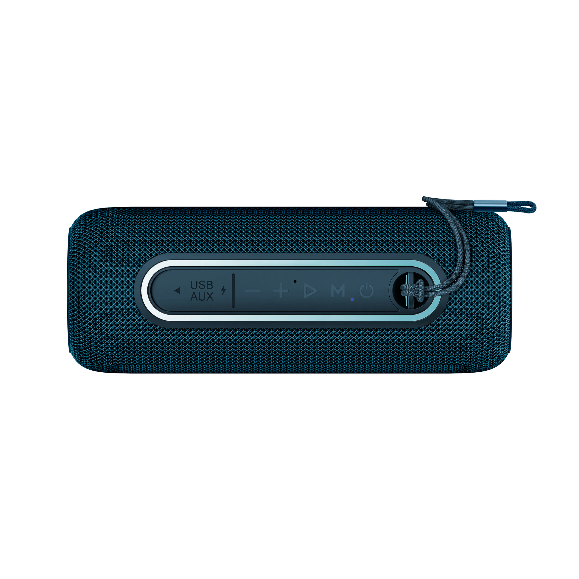 Niebieski głośnik przenośny z przyciskami sterowania i paskiem do noszenia. Głośnik jest cylindryczny z siatkową osłoną i białym tłem.