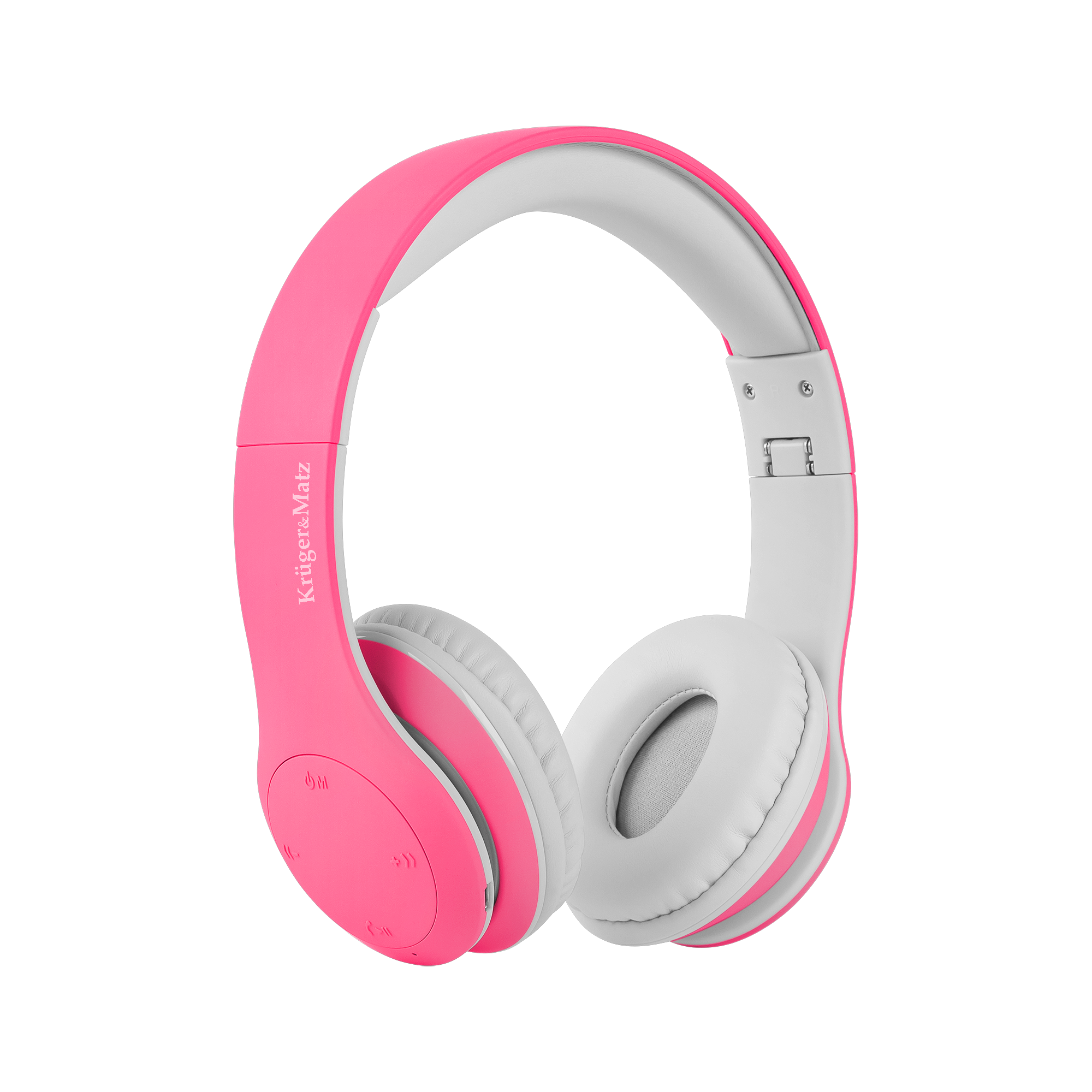 Różowo-białe słuchawki bezprzewodowe. Widoczna nazwa marki. Tło to gradient szarości.