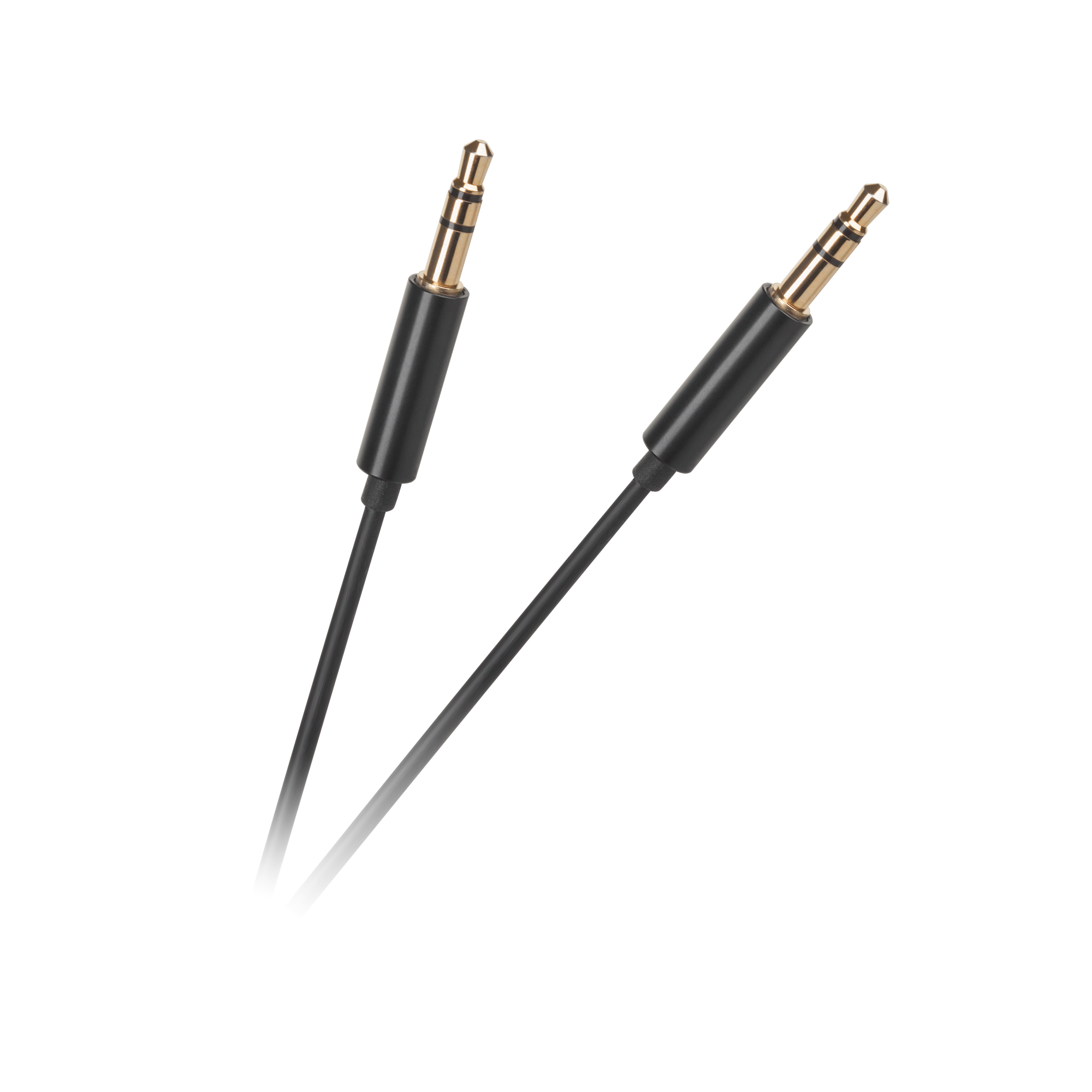 Dwa czarne kable audio jack ze złotymi końcówkami. Kable są ustawione pod kątem, na szarym tle.
