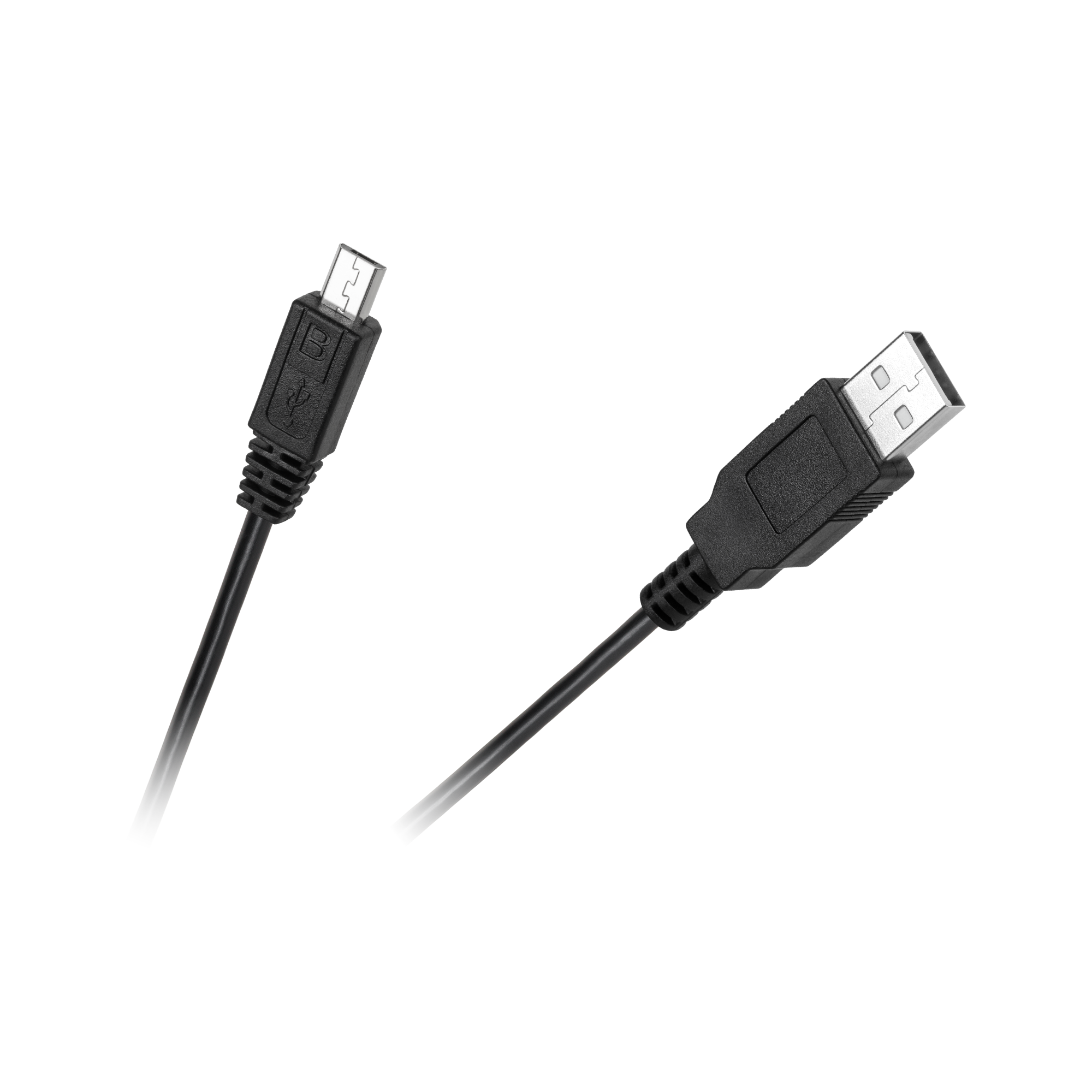 Obraz przedstawia czarny kabel USB z dwoma końcami: micro-USB i USB-A. Oba złącza są widoczne na neutralnym tle.