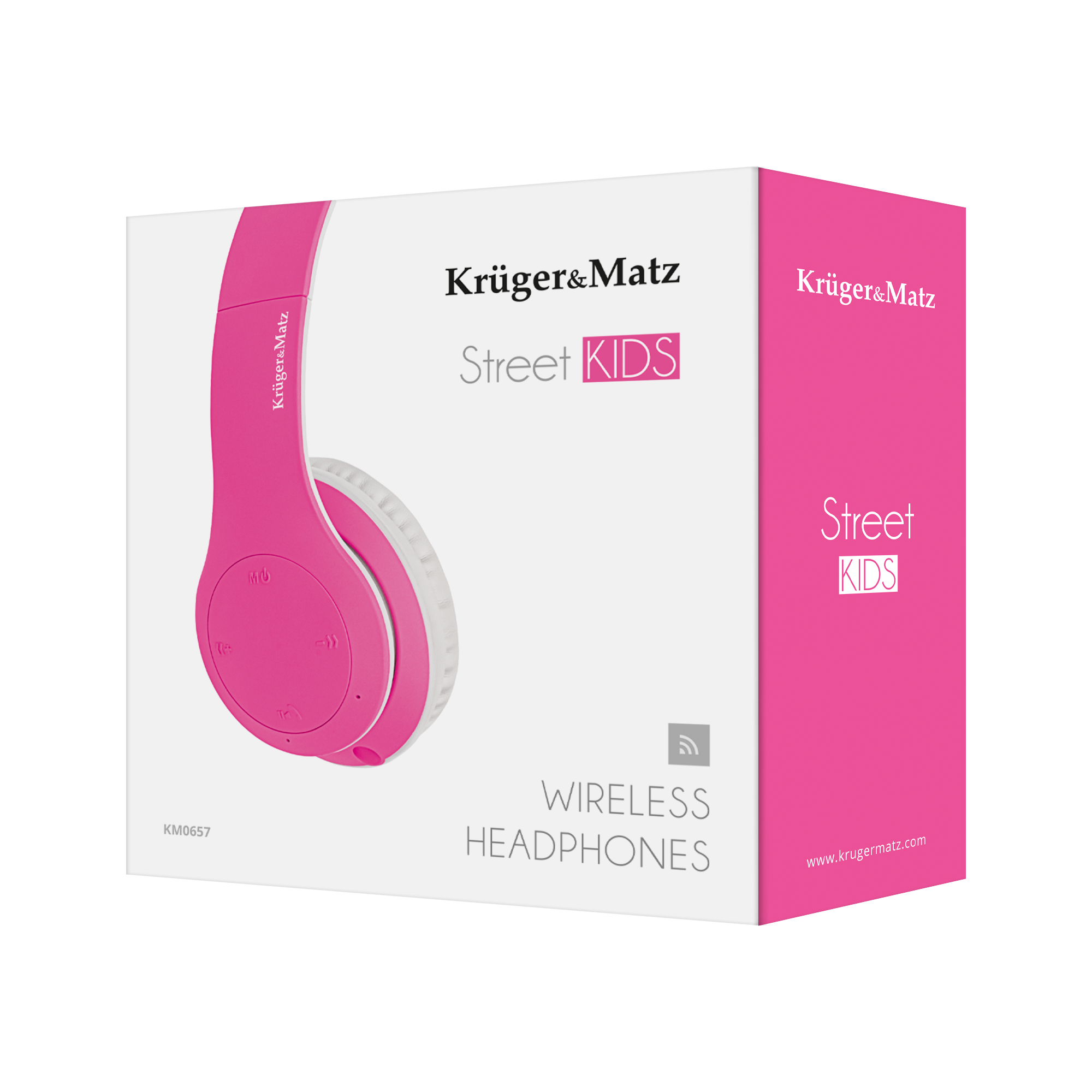 Różowe słuchawki bezprzewodowe, białe akcenty i tekst 'Street KIDS'. Marka: Krüger&Matz. Produkt: KM0657.