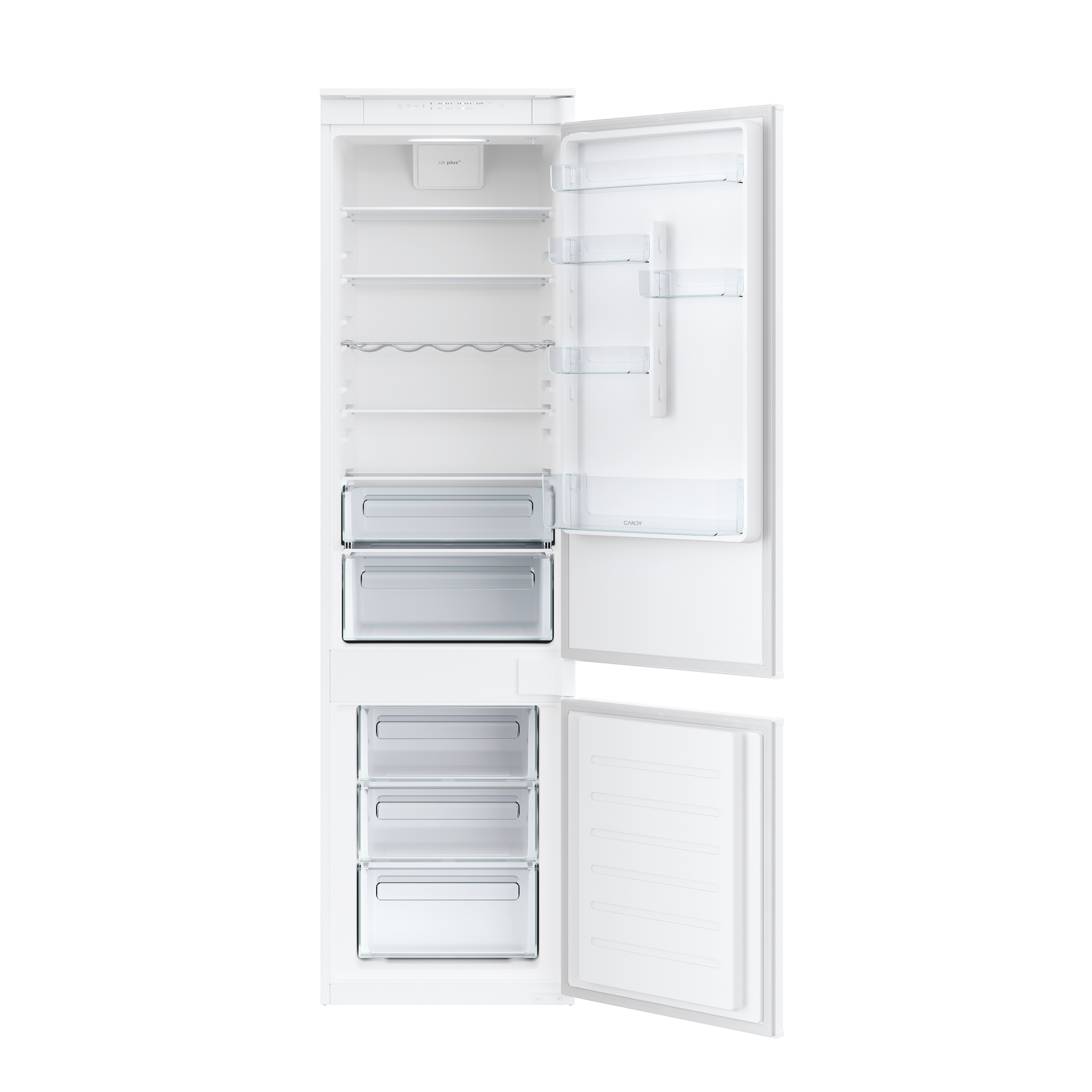 Un frigorifero bianco, porte aperte, che rivelano ripiani, cassetti e componenti interni. Il sistema 'air plus' è visibile.