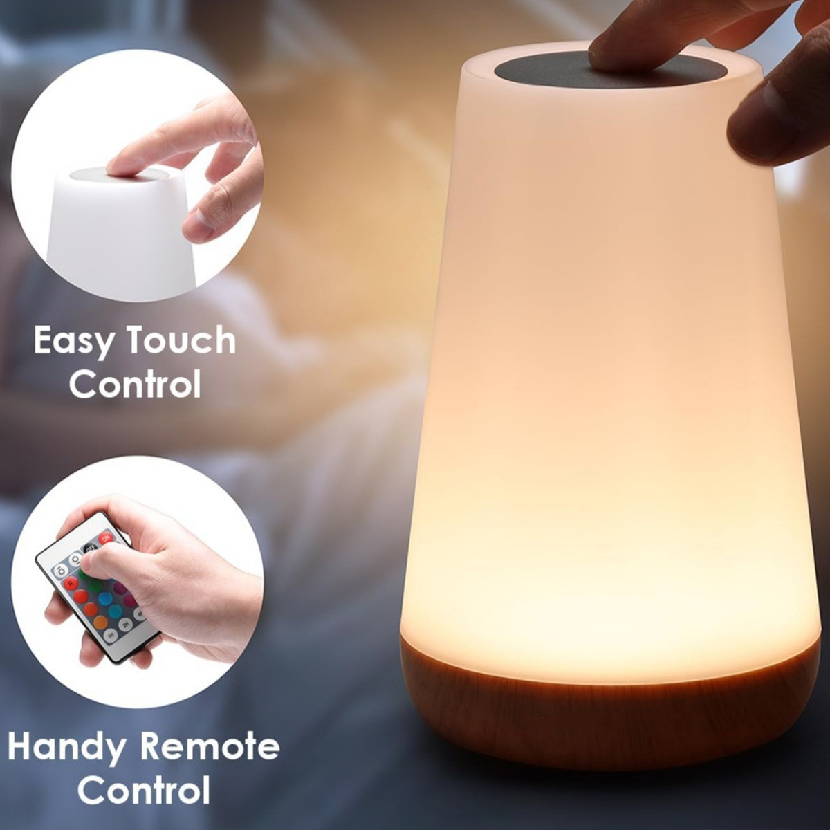 Viene mostrata una lampada touch con base in legno. Una mano tocca la parte superiore e l'altra tiene un telecomando. Controllo touch e telecomando.