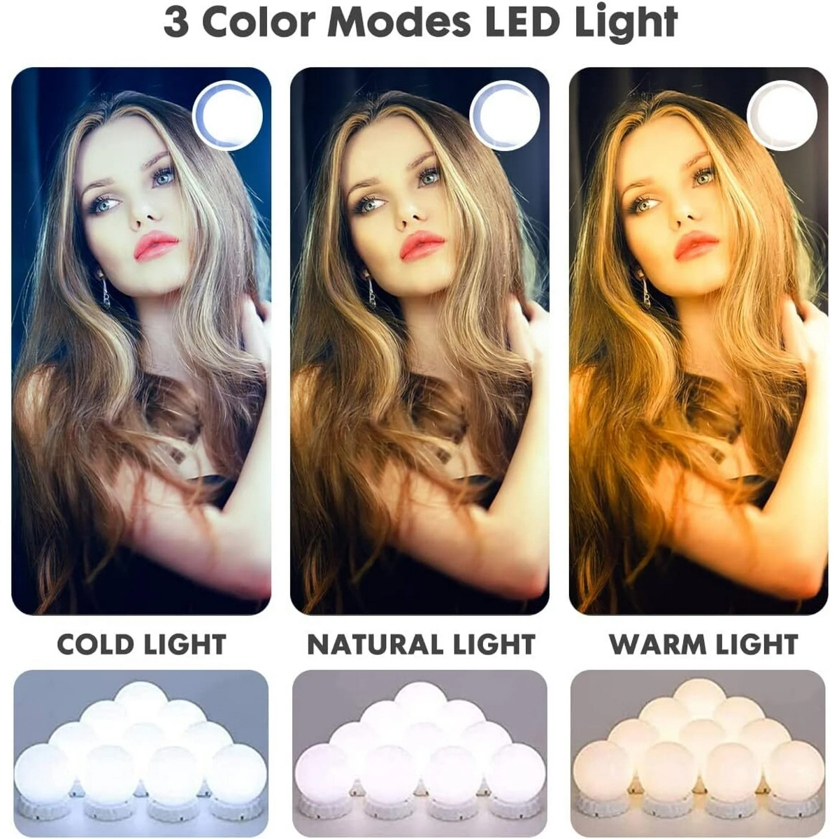 Das Bild zeigt eine Frau mit langen Haaren unter verschiedenen LED-Lichtmodi: kalt, natürlich und warm. Unten sind Anordnungen von Glühbirnen.