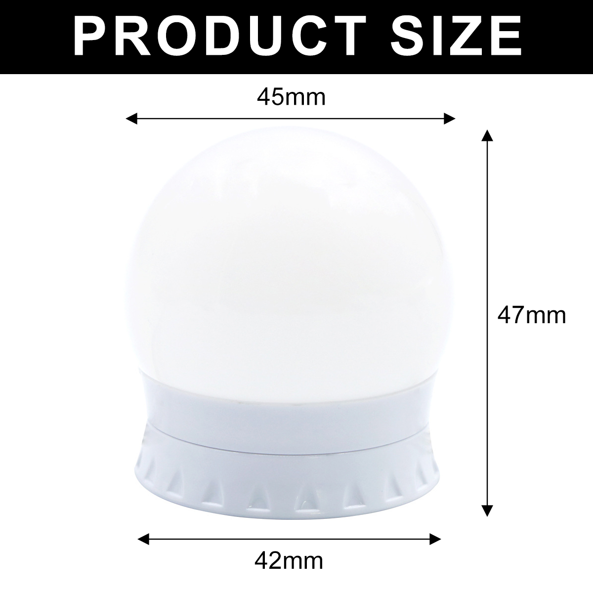 Eine weiße Glühbirne mit weißem Sockel. Die Abmessungen betragen 45 mm Breite, 47 mm Höhe und 42 mm Bodenbreite, bezeichnet als Produktgröße.