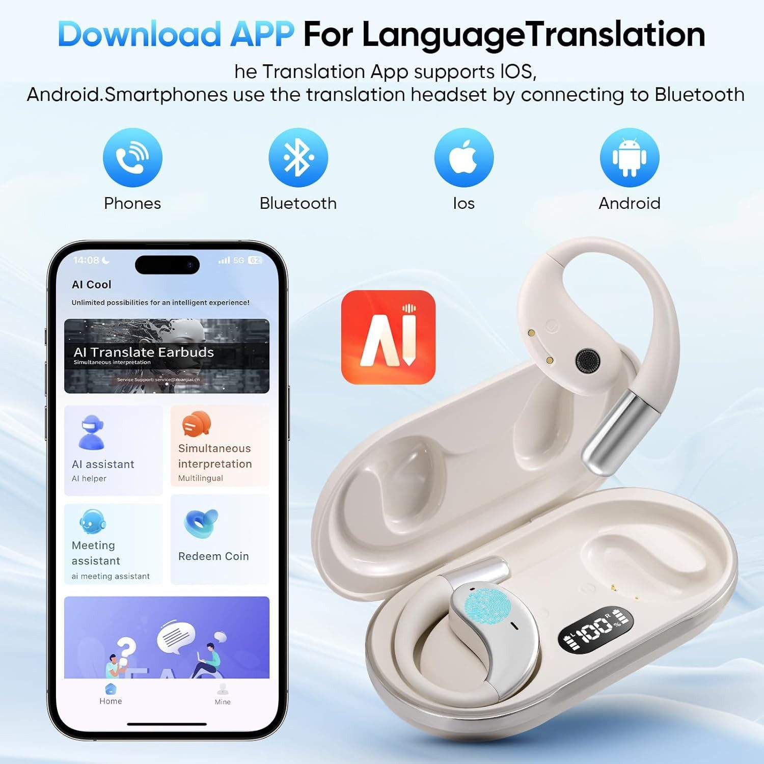 Das Bild zeigt Ohrhörer, einen Telefonbildschirm mit einer App und Symbole für Telefone, Bluetooth, iOS und Android. Text erwähnt Übersetzung.