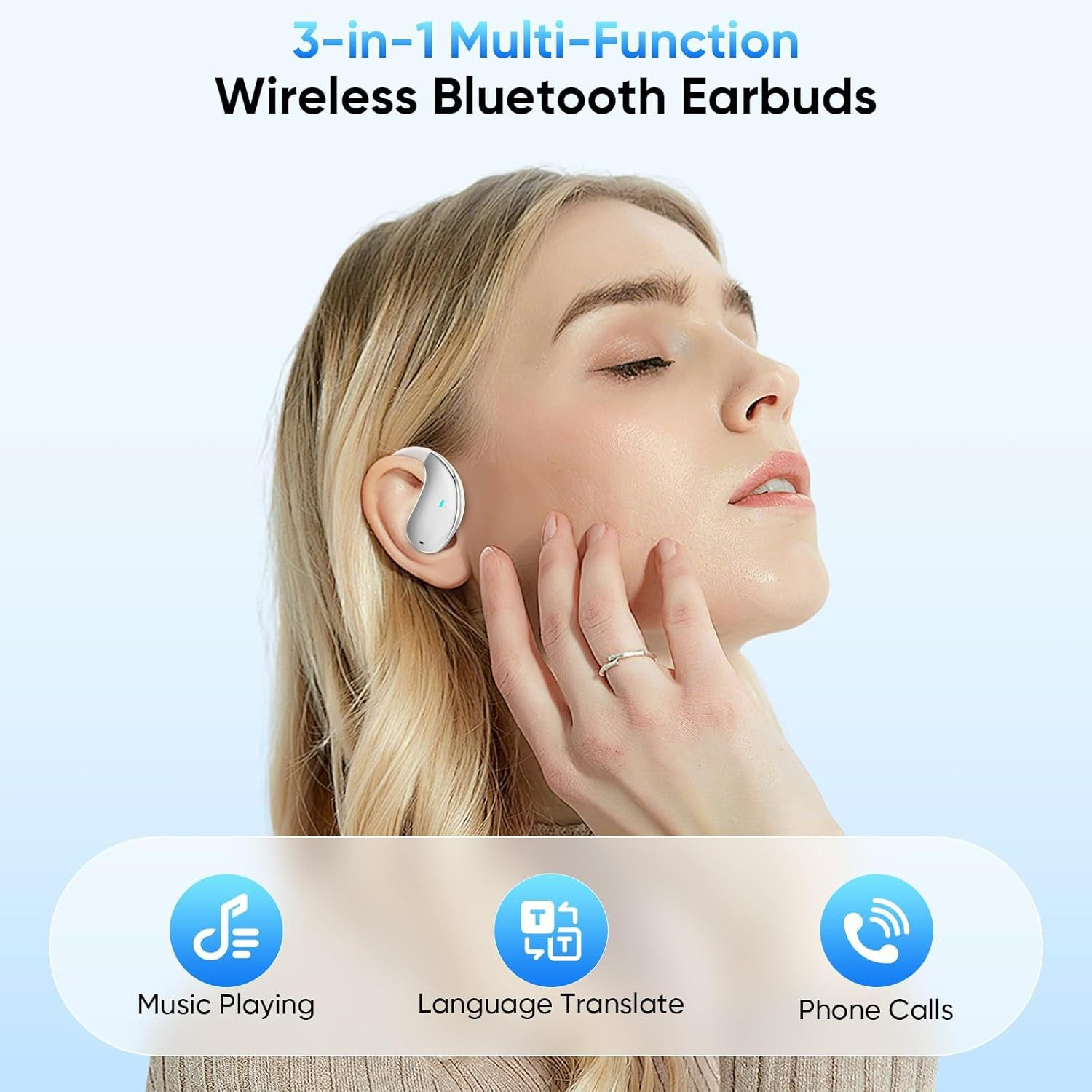 Frau mit Ohrhörer. Text lautet '3-in-1 Multi-Function Wireless Bluetooth Earbuds'. Symbole für Musik, Übersetzung und Telefonanrufe sind unten.
