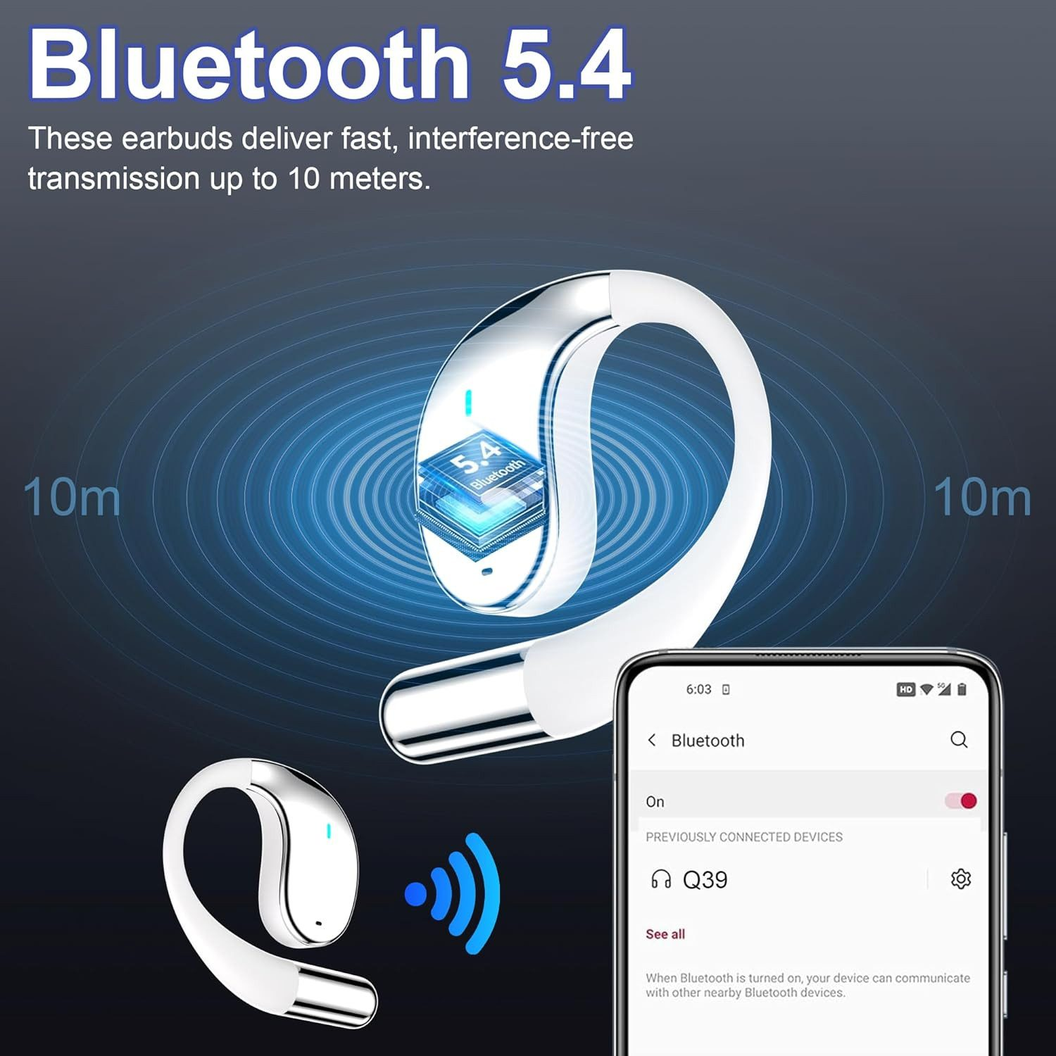Das Bild zeigt einen Bluetooth-Ohrhörer mit einem Telefonbildschirm, der Bluetooth-Einstellungen anzeigt. Text hebt Bluetooth 5.4 und 10 Meter Reichweite hervor.