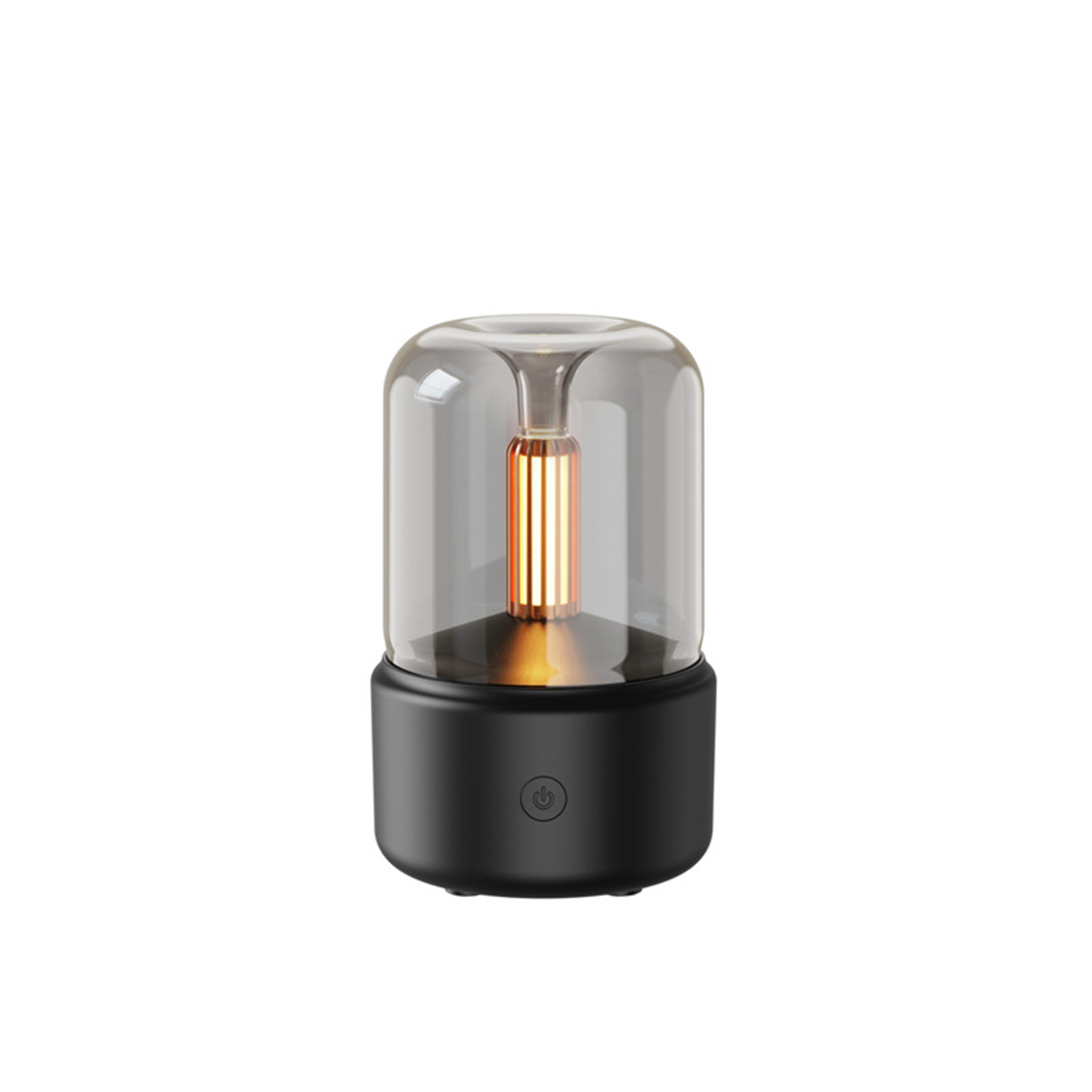 Eine schwarze Lampe mit transparentem Glas. Im Inneren befindet sich eine vertikale, leuchtende, orangefarbene Lichtquelle. Auf dem Sockel befindet sich ein Netzschalter.