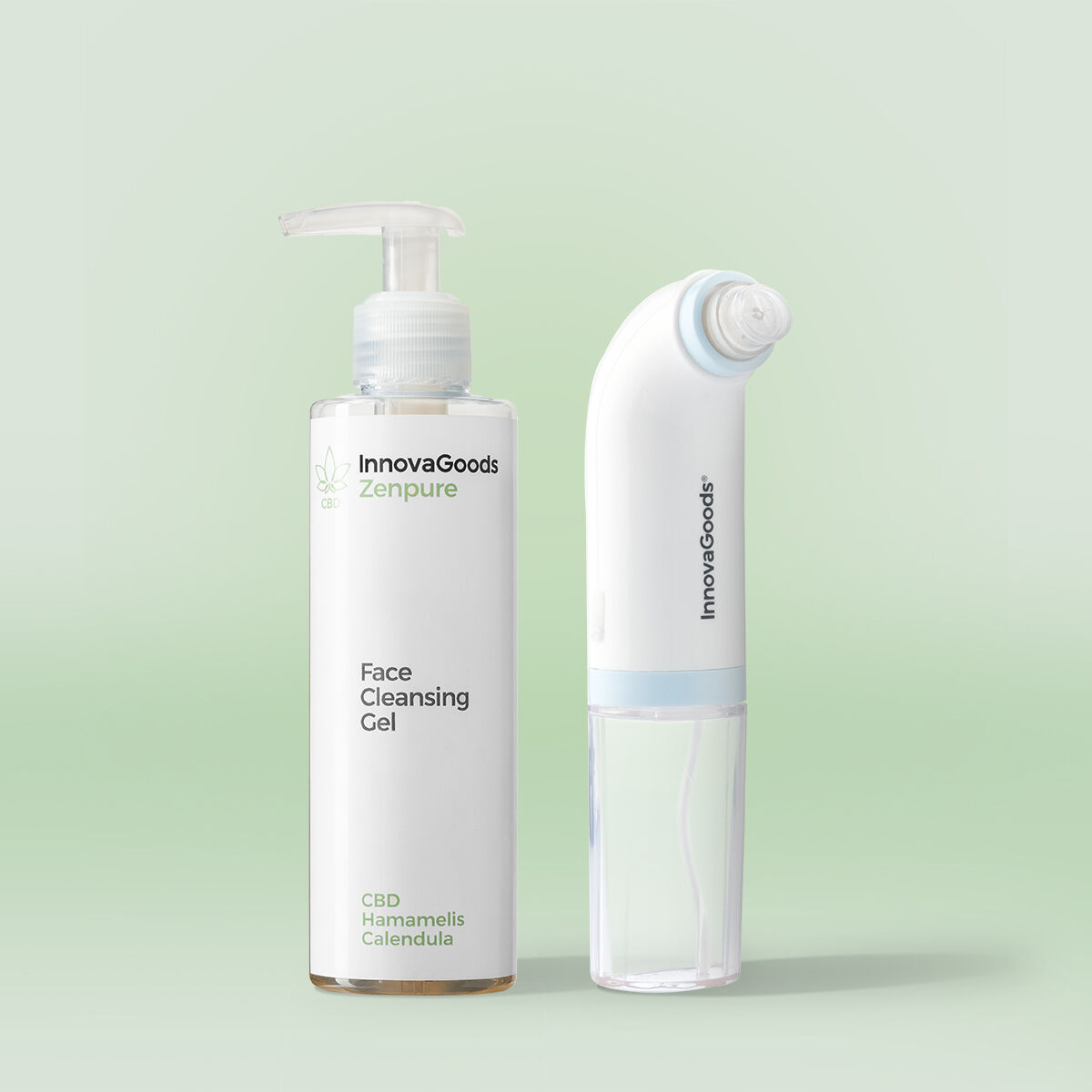 Zwei InnovaGoods Hautpflegeprodukte auf grünem Hintergrund. Gesichtsreinigungsgel und ein weißes Gesichtsreinigungsgerät.