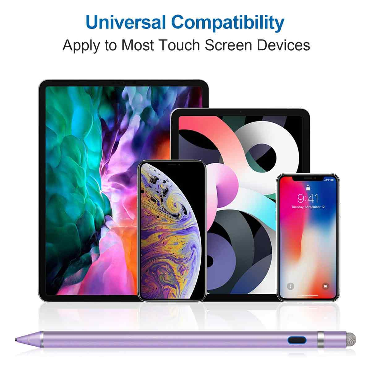 Das Bild zeigt mehrere Touchscreen-Geräte mit einem Stift. Tablets, Smartphones und ein Stift. Oben steht Universal Compatibility.